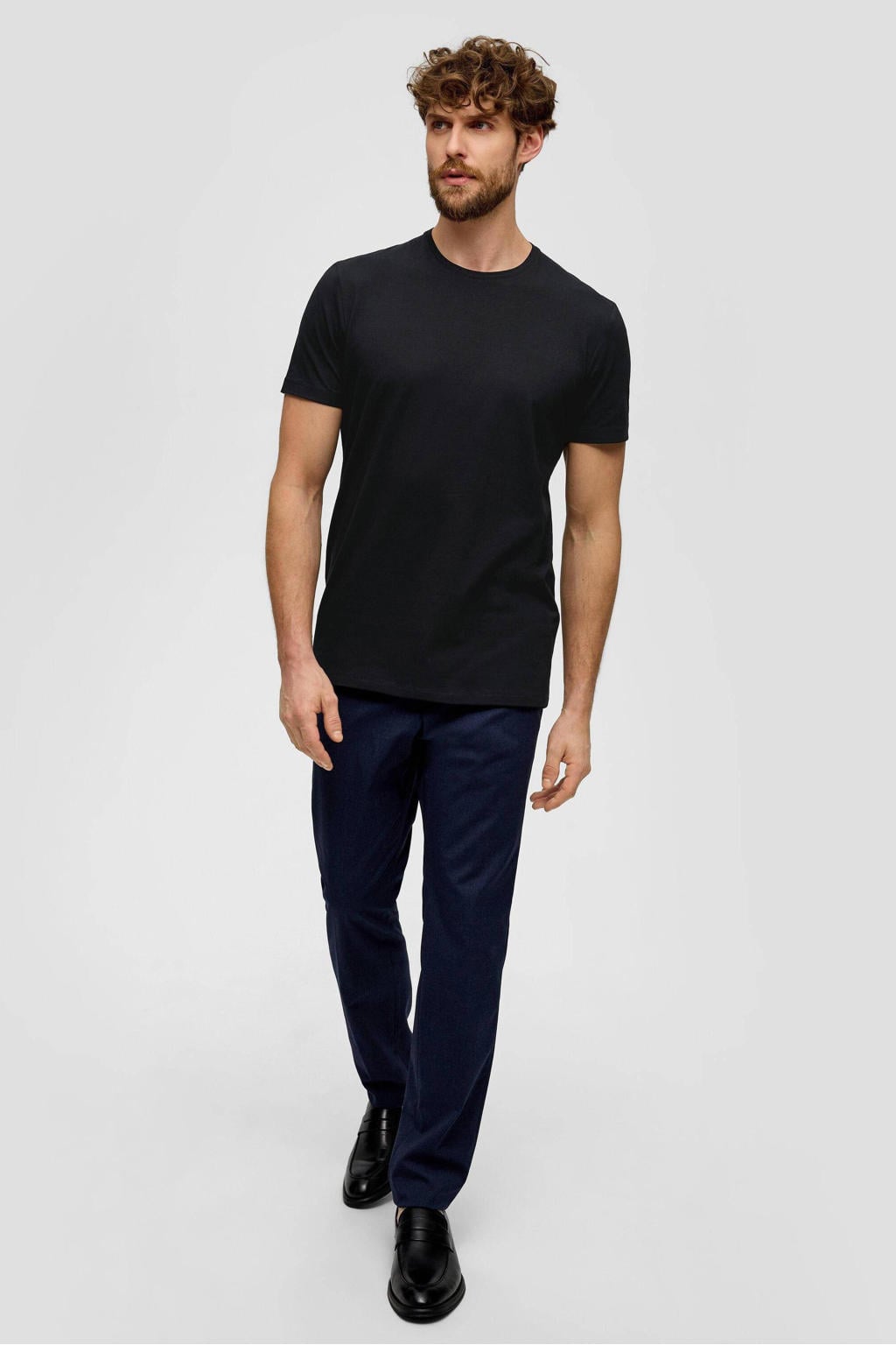 Zwarte heren s.Oliver BLACK LABEL slim fit T-shirt van katoen met effen, korte mouwen en ronde hals