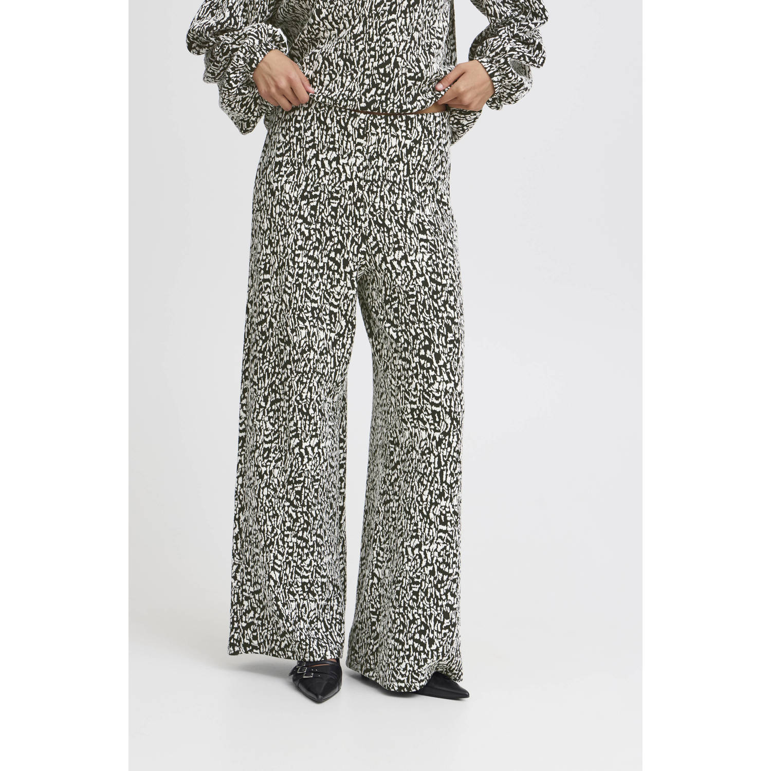 ICHI straight fit broek met all over print zwart wit