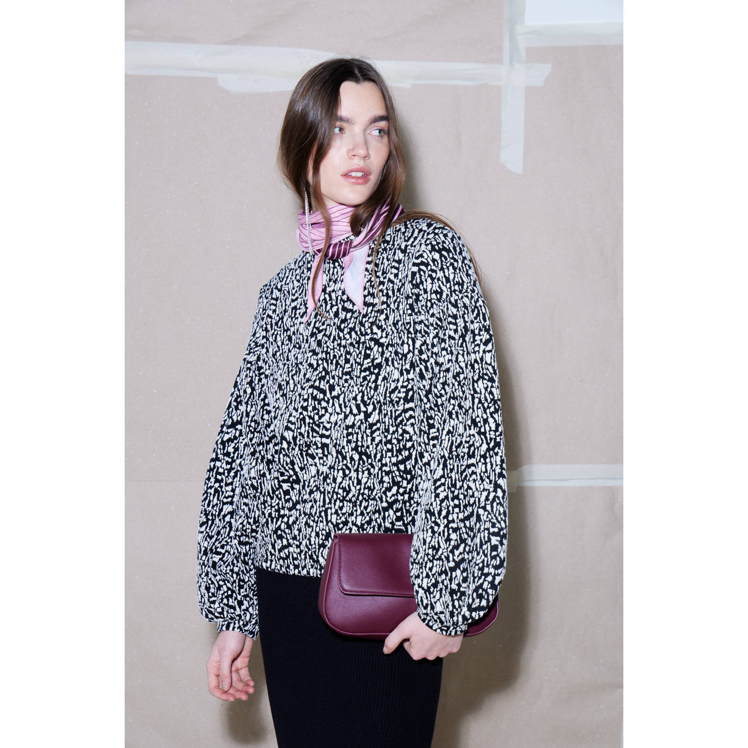 ICHI top met all over print zwart wit