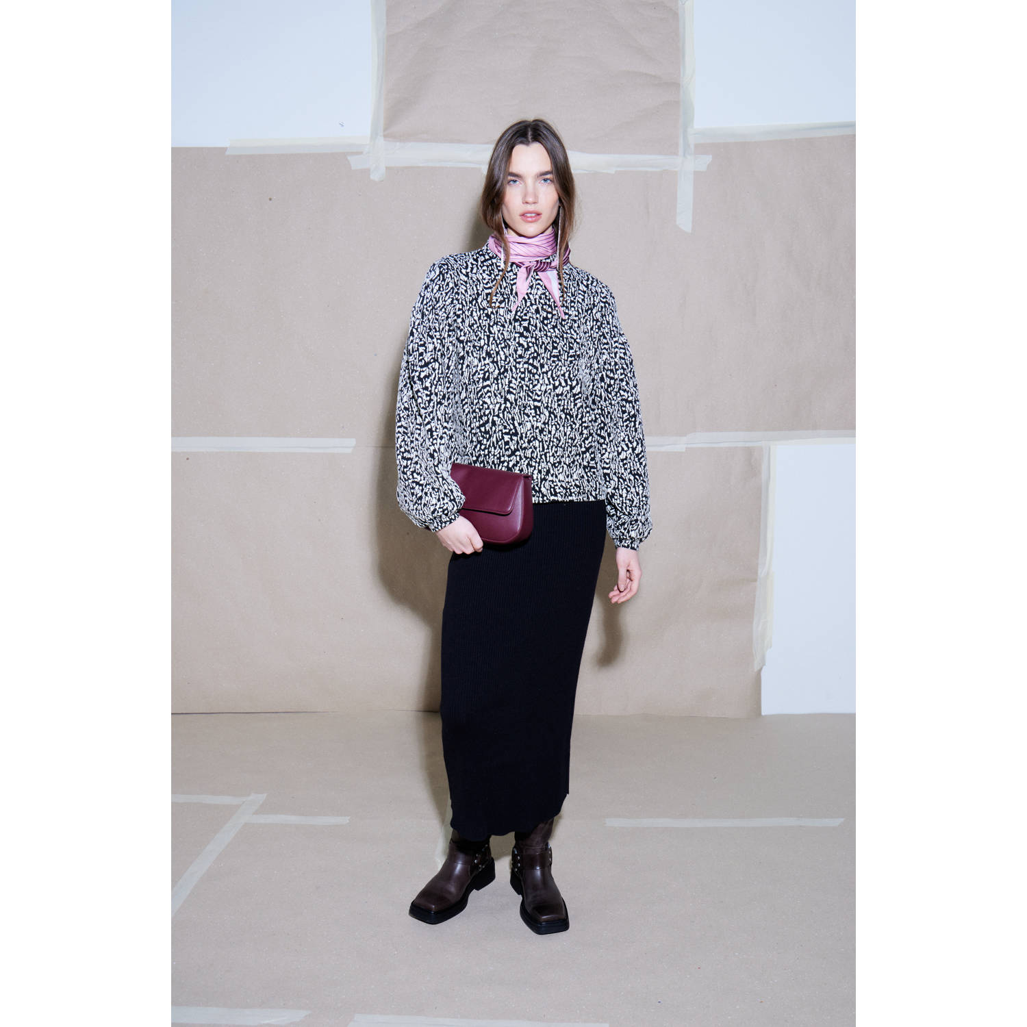 ICHI top met all over print zwart wit