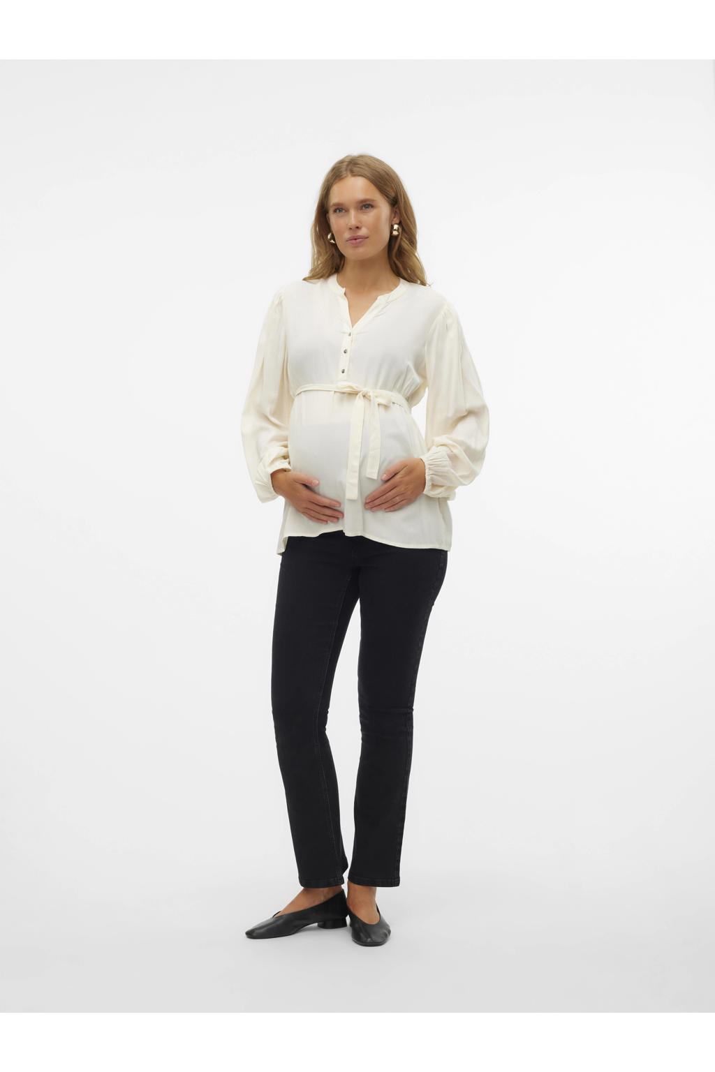 Ecru dames MAMALICIOUS zwangerschapsblouse van viscose met effen, lange mouwen, V-hals en knoopsluiting