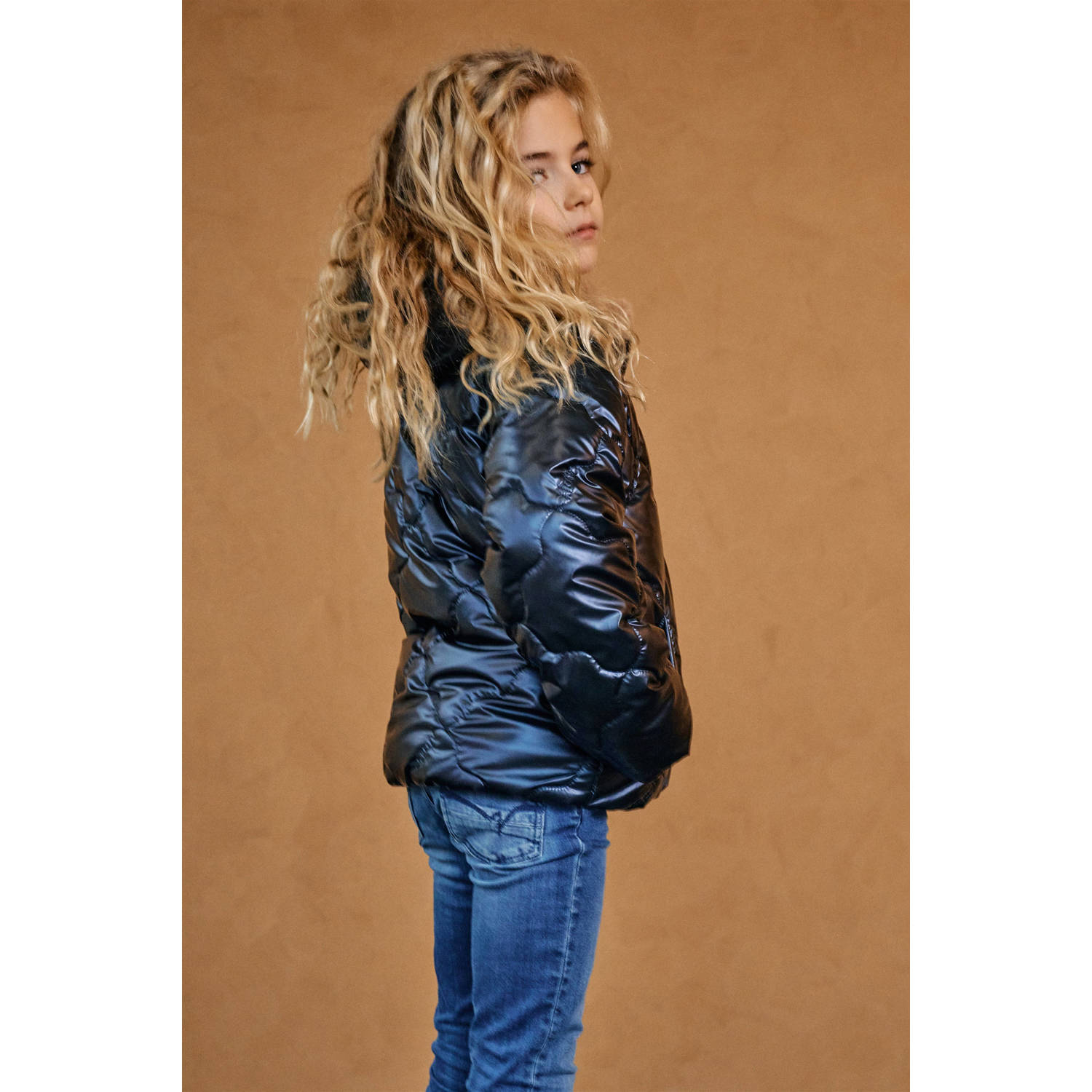 NONO gewatteerde winterjas Bee donkerblauw Meisjes Polyester Capuchon Effen 158 164