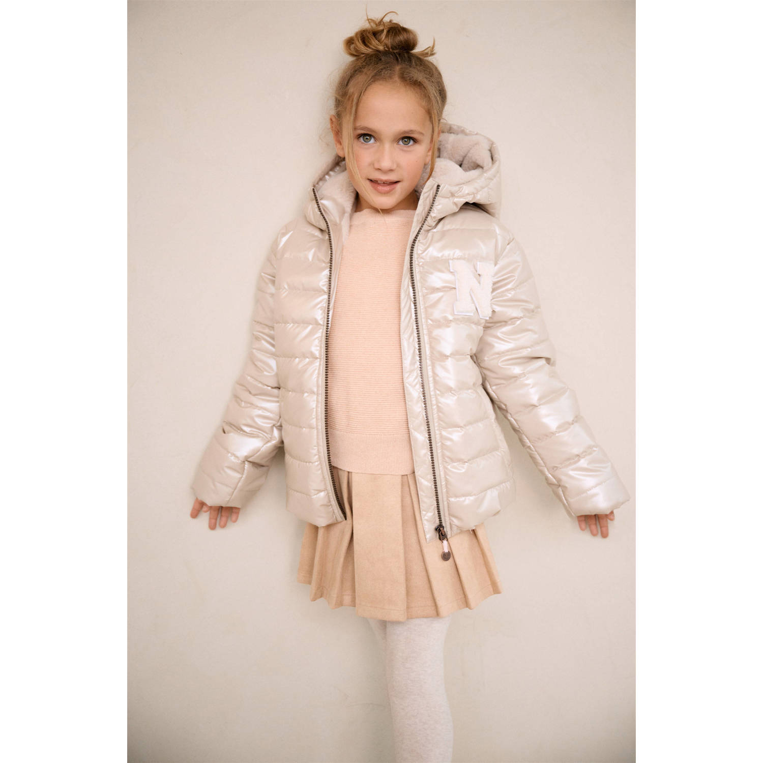 NONO gewatteerde winterjas Btwist parel Ecru Meisjes Polyester Capuchon 158 164