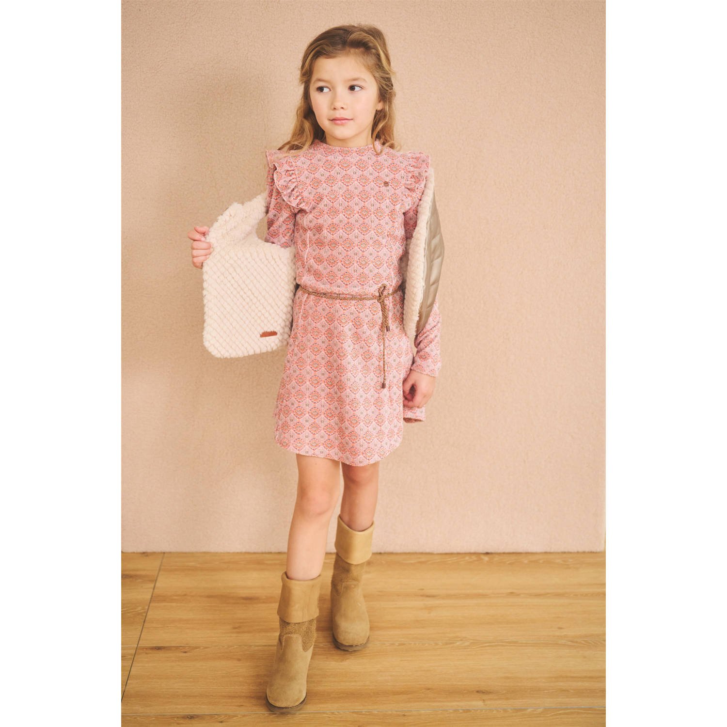 NONO jurk Max met all over print en ruches roze oranje