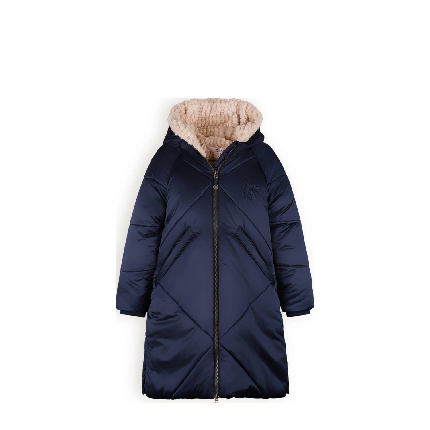 NONO quilted gewatteerde winterjas Beetle donkerblauw Meisjes Polyester Capuchon 122 128