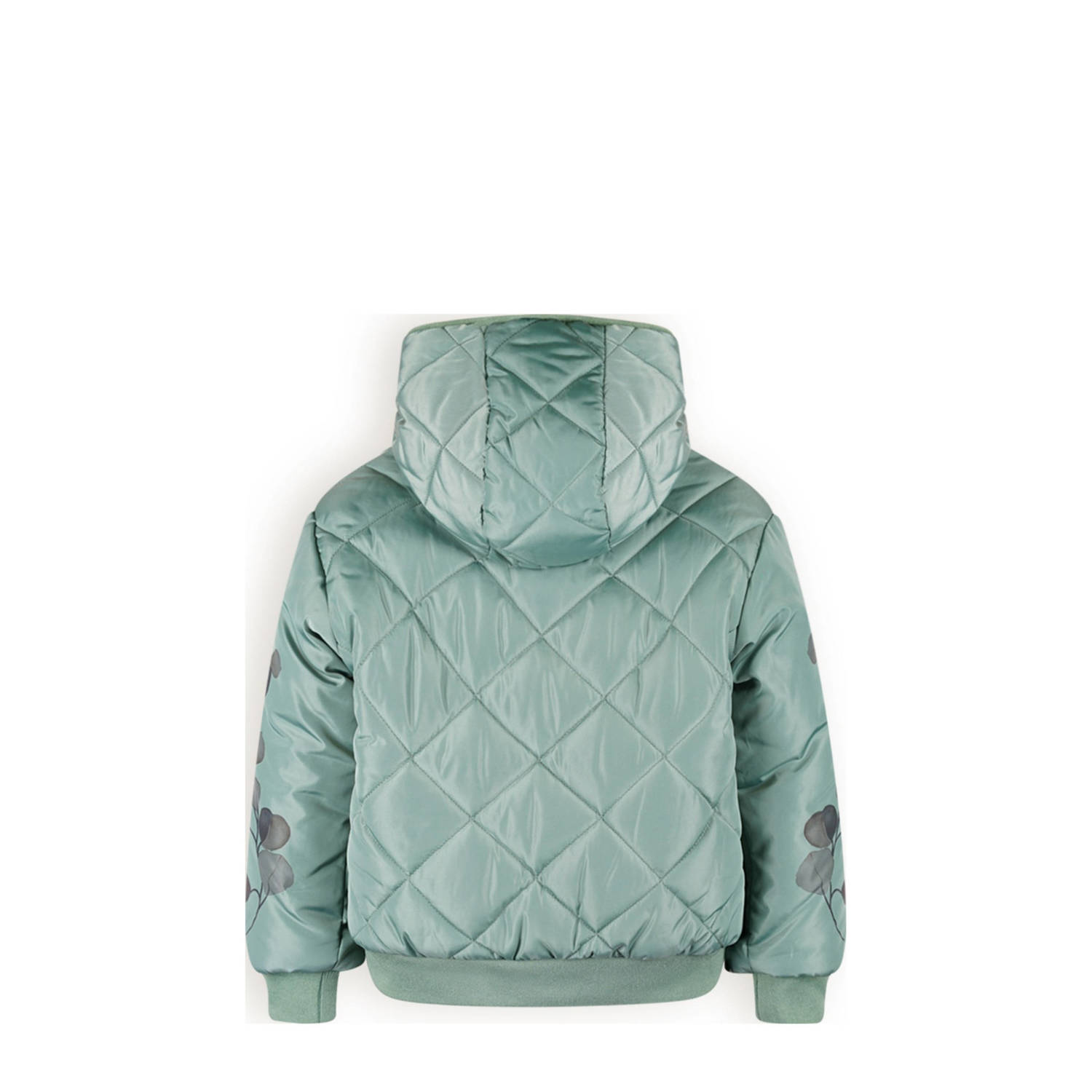 NONO reversible gewatteerde winterjas Bomby met bladprint lichtgroen beige
