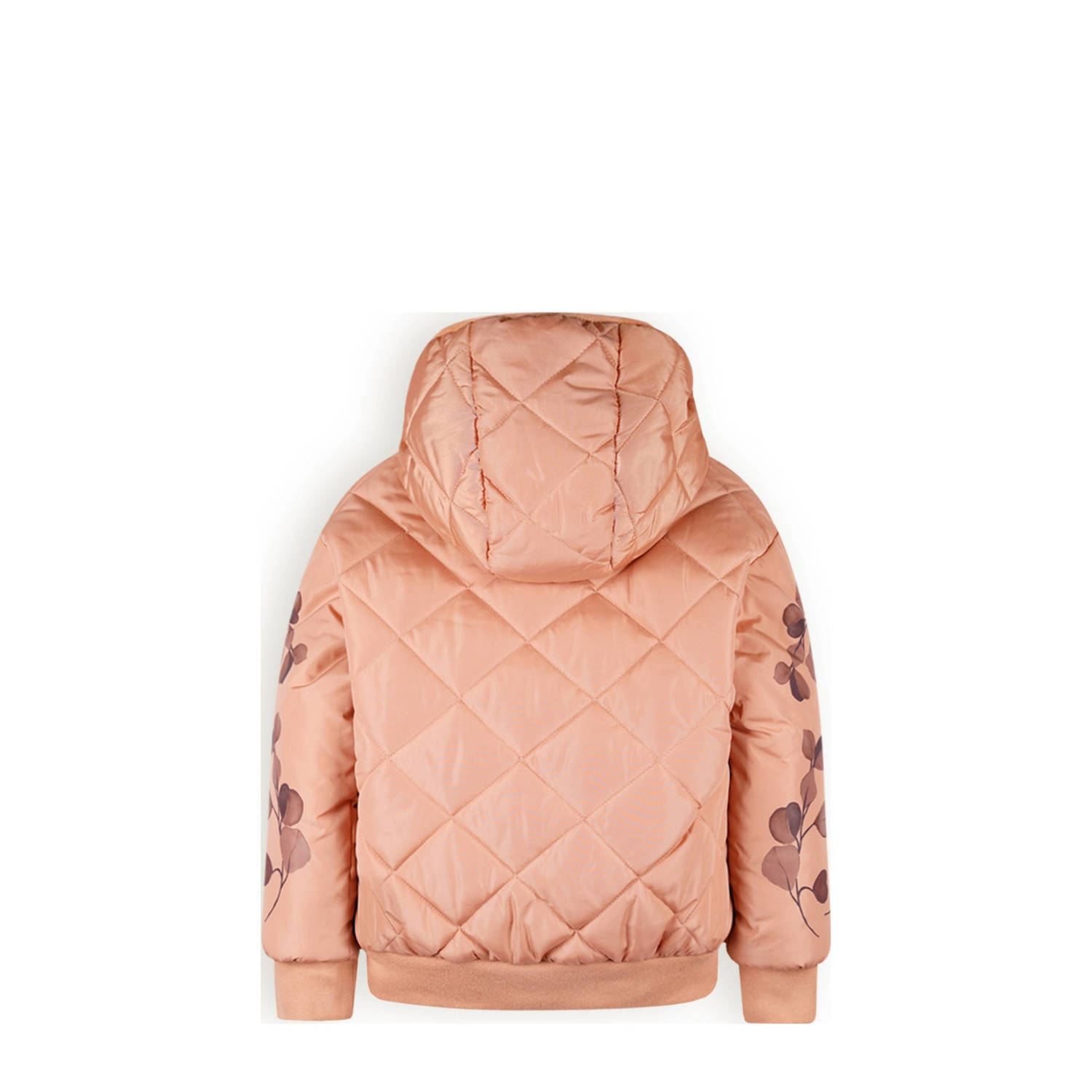 NONO reversible gewatteerde winterjas Bomby met bladprint taupe lichtroze