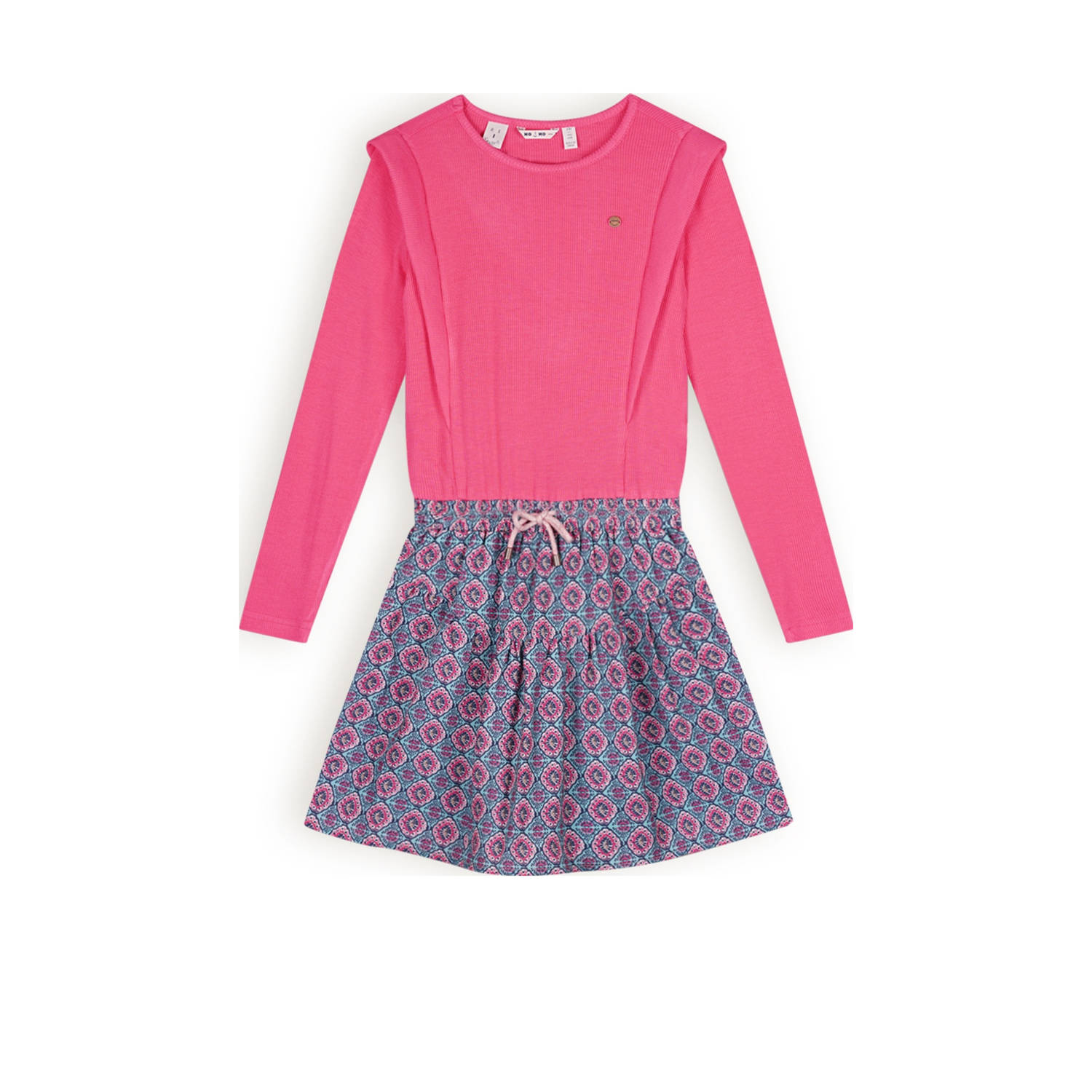 NONO jurk Morly met all over print fuchisa lichtblauw