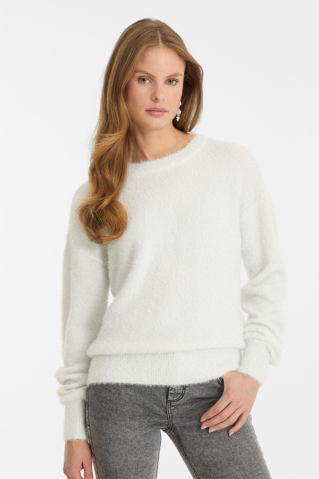 Wit en zilverkleurige dames Anytime trui off-white van nylon met effen, lange mouwen, ronde hals en gebreide details
