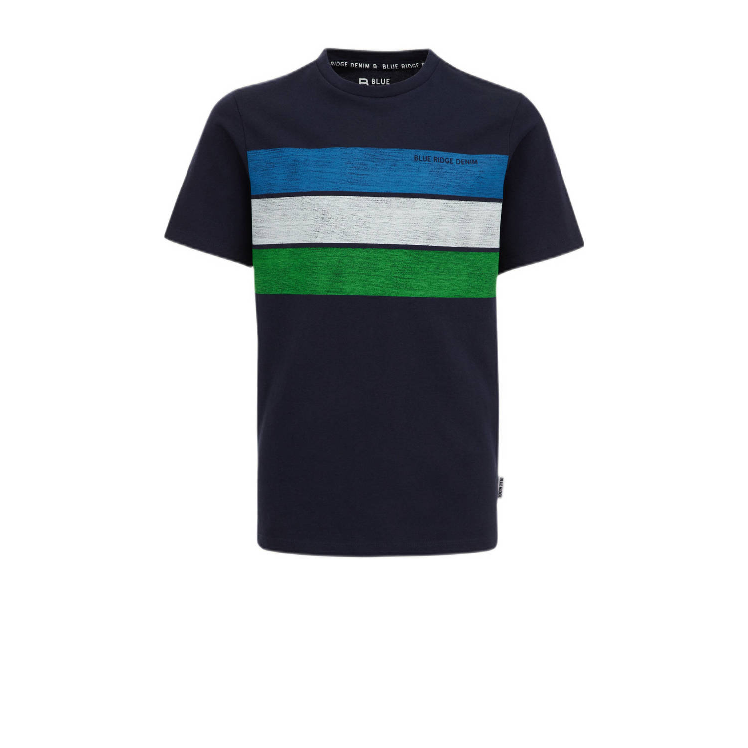 WE Fashion gestreept T-shirt donkerblauw blauw groen Jongens Katoen Ronde hals 146 152
