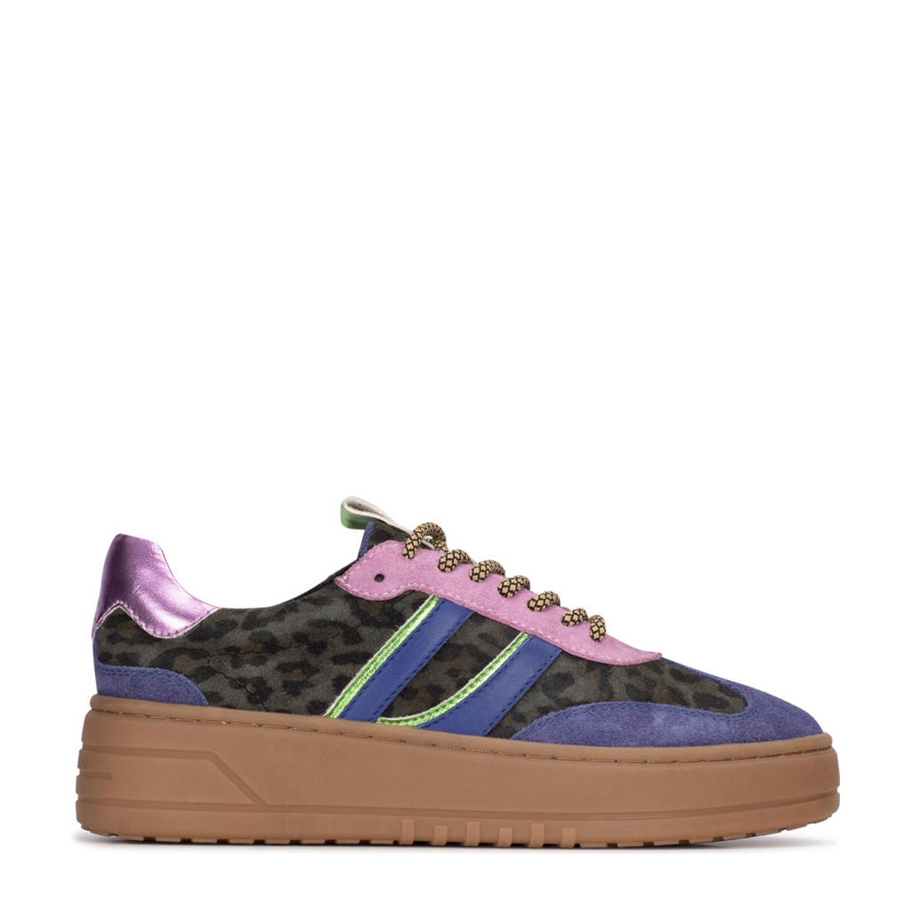 Paarse dames PS Poelman Anemone suède sneakers met veters en panterprint