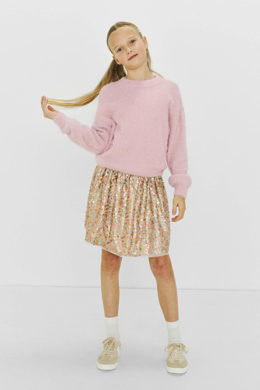 Roze en zilverkleurige meisjes Coolcat gebreide trui Fleur van polyamide met effen, lange mouwen en ronde hals