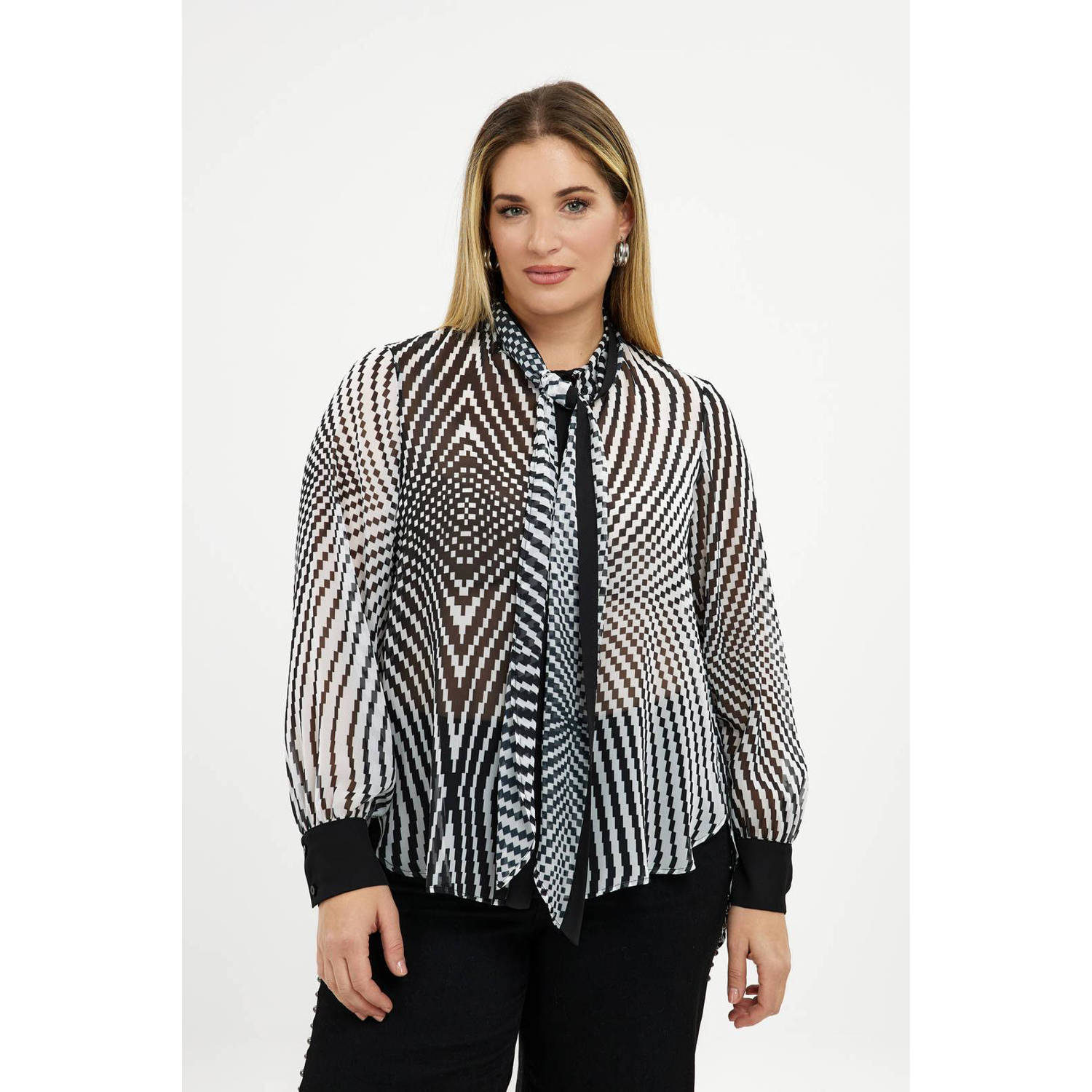 Mat Fashion semi-transparante blouse met strikkraag zwart wit