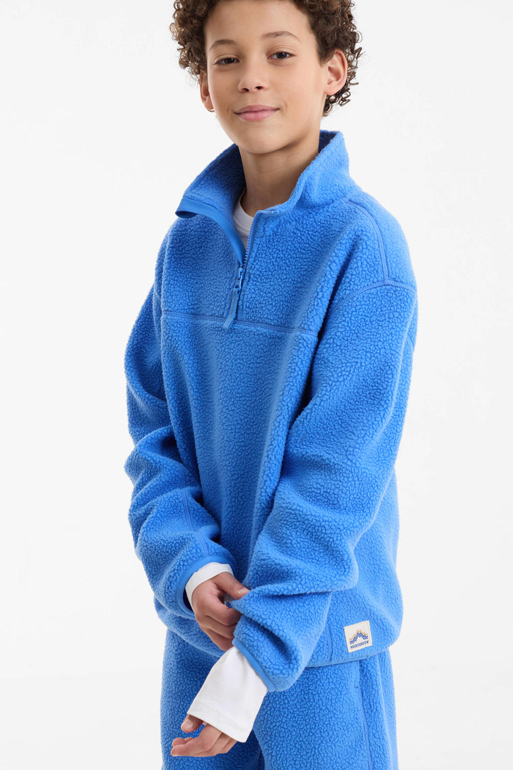 Blauwe jongens anytime teddy fleece schipperstrui van polyester met effen, lange mouwen en opstaande kraag