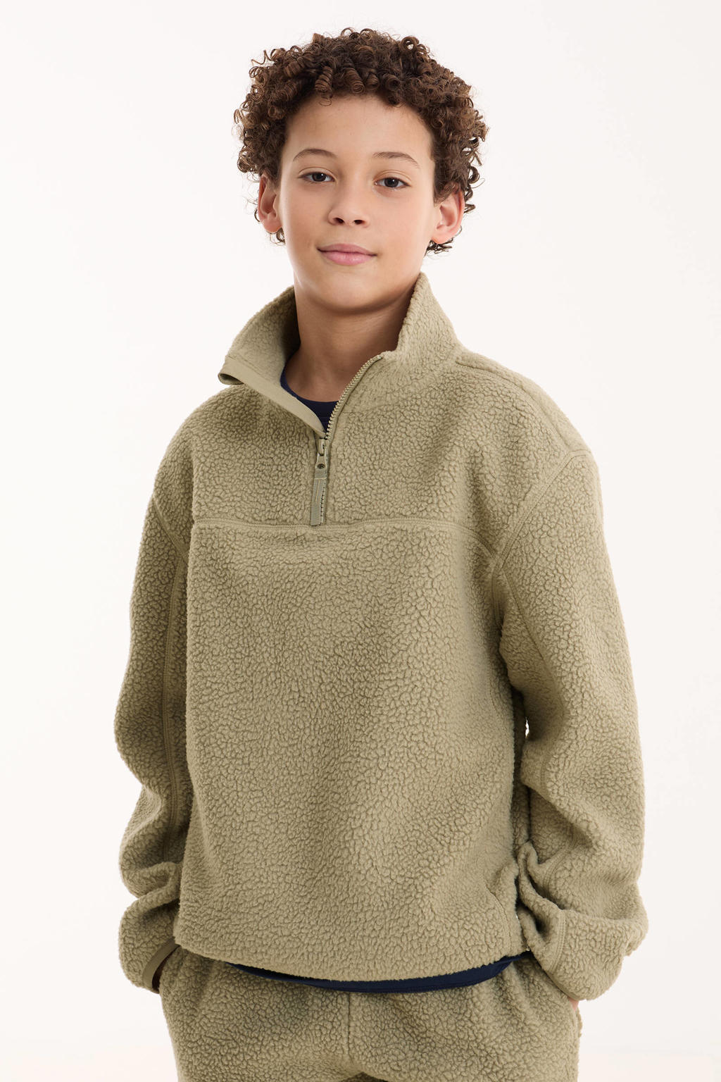Kakikleurige jongens anytime teddy fleece schipperstrui van polyester met effen, lange mouwen en opstaande kraag