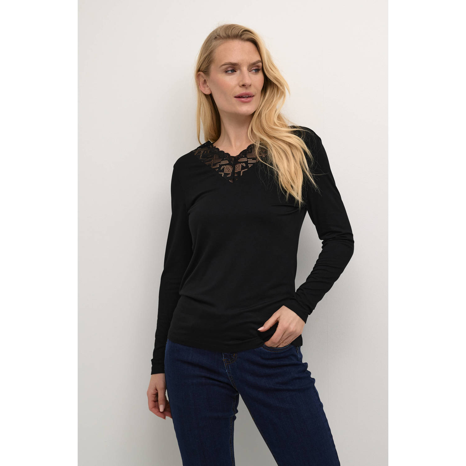 Cream Zwart Kant V-Hals Top Black Dames
