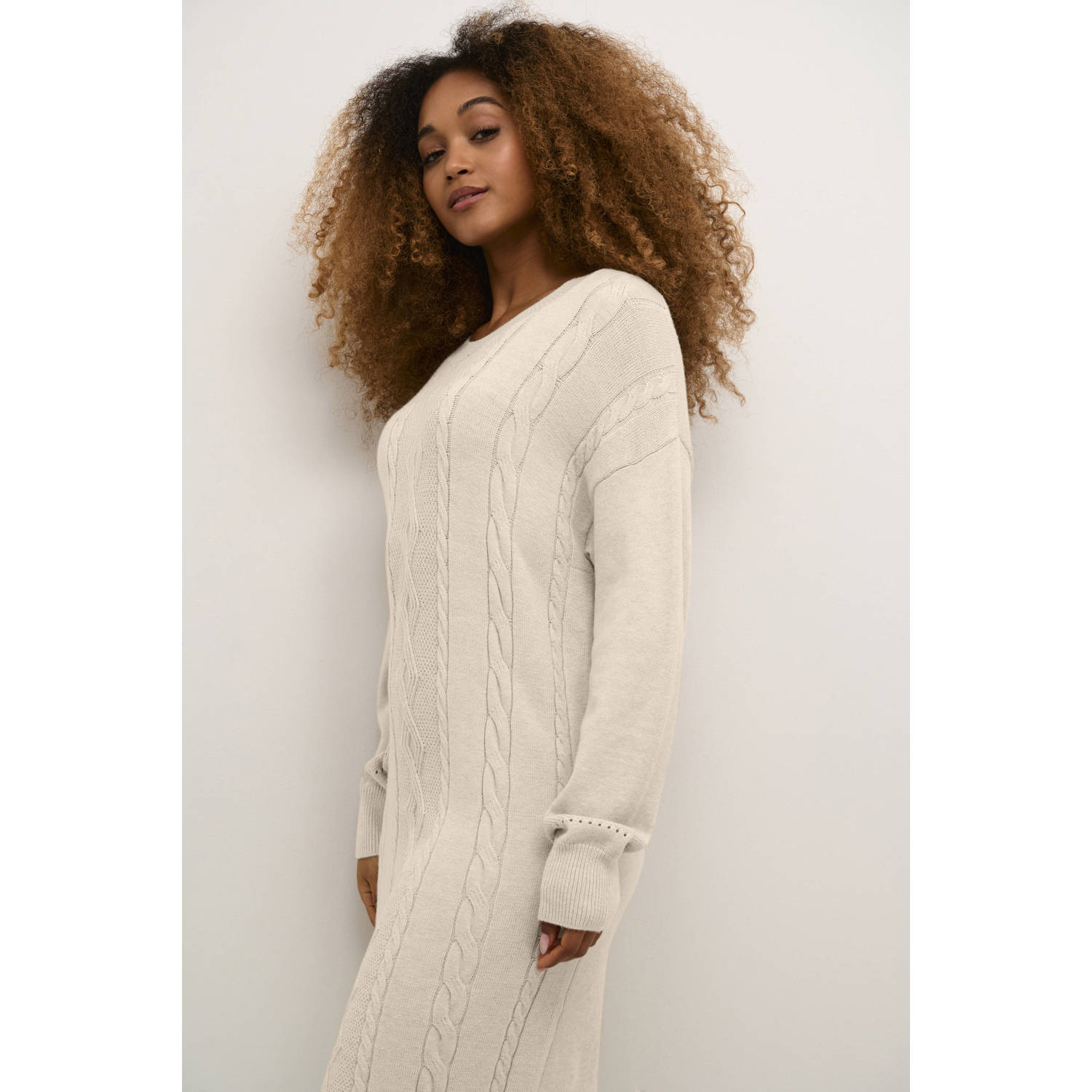 Cream Gebreide Jurk Haver Melange Pofmouwen Beige Dames