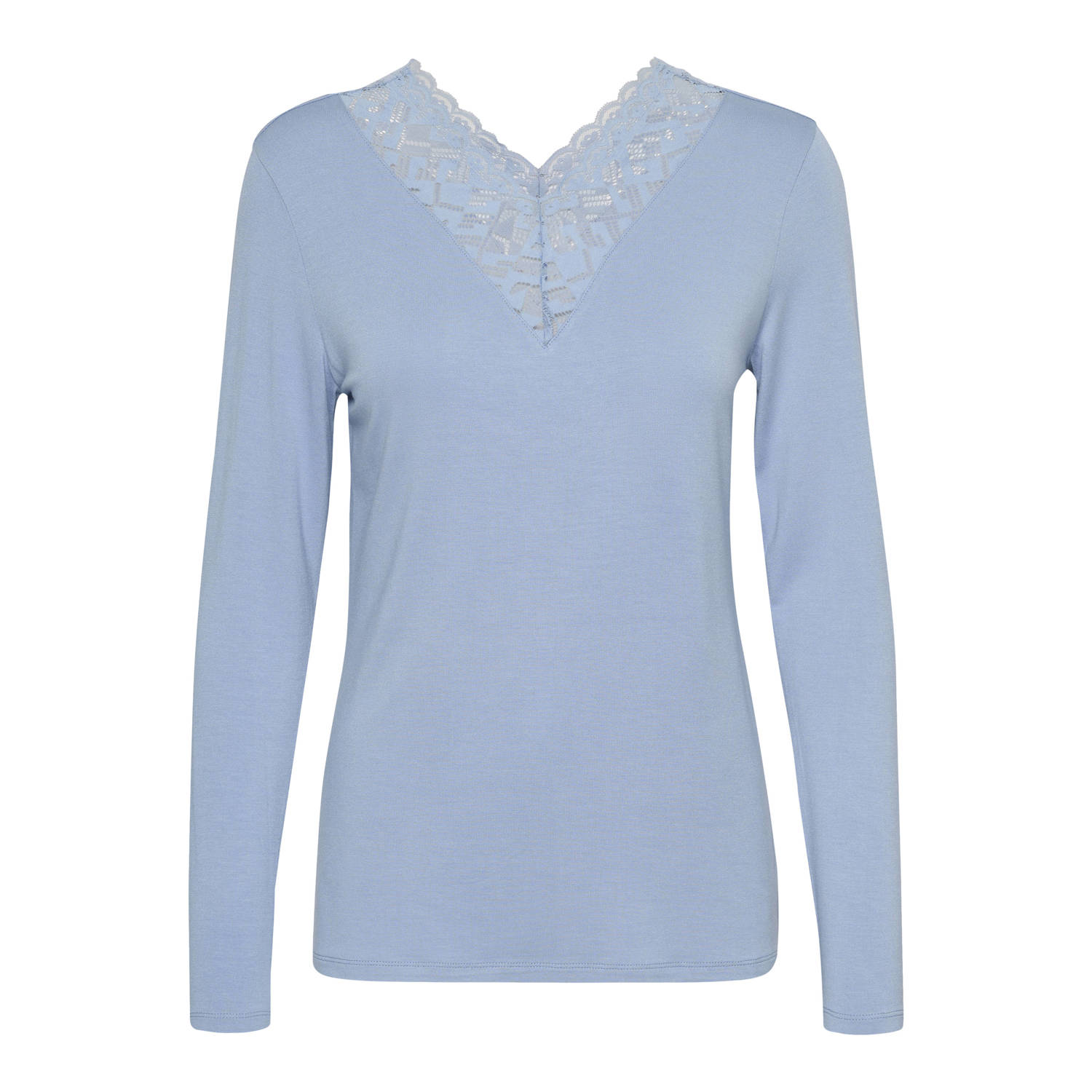 Cream Vrouwelijke Kant Trim V-Hals Top Blue Dames