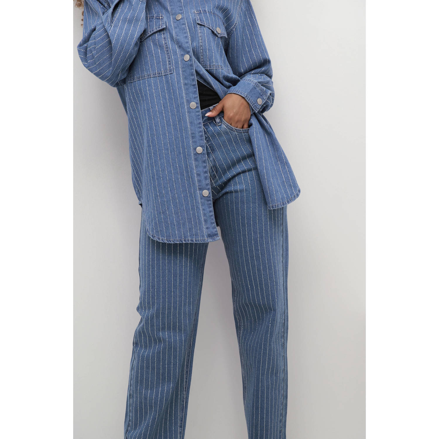 Cream high waist straight leg jeans CRSine met strass medium blue denim