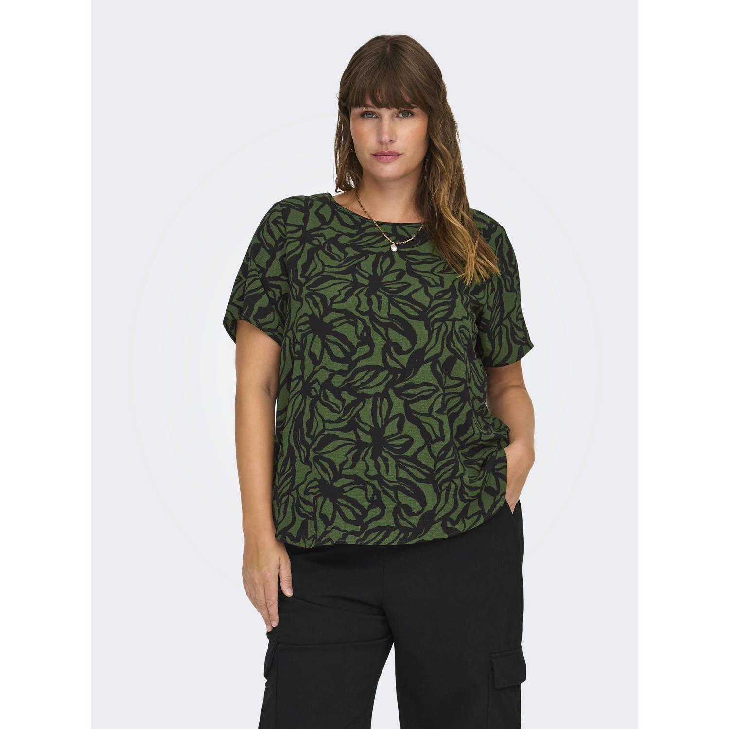 ONLY CARMAKOMA top CARVICA met all over print kaki zwart