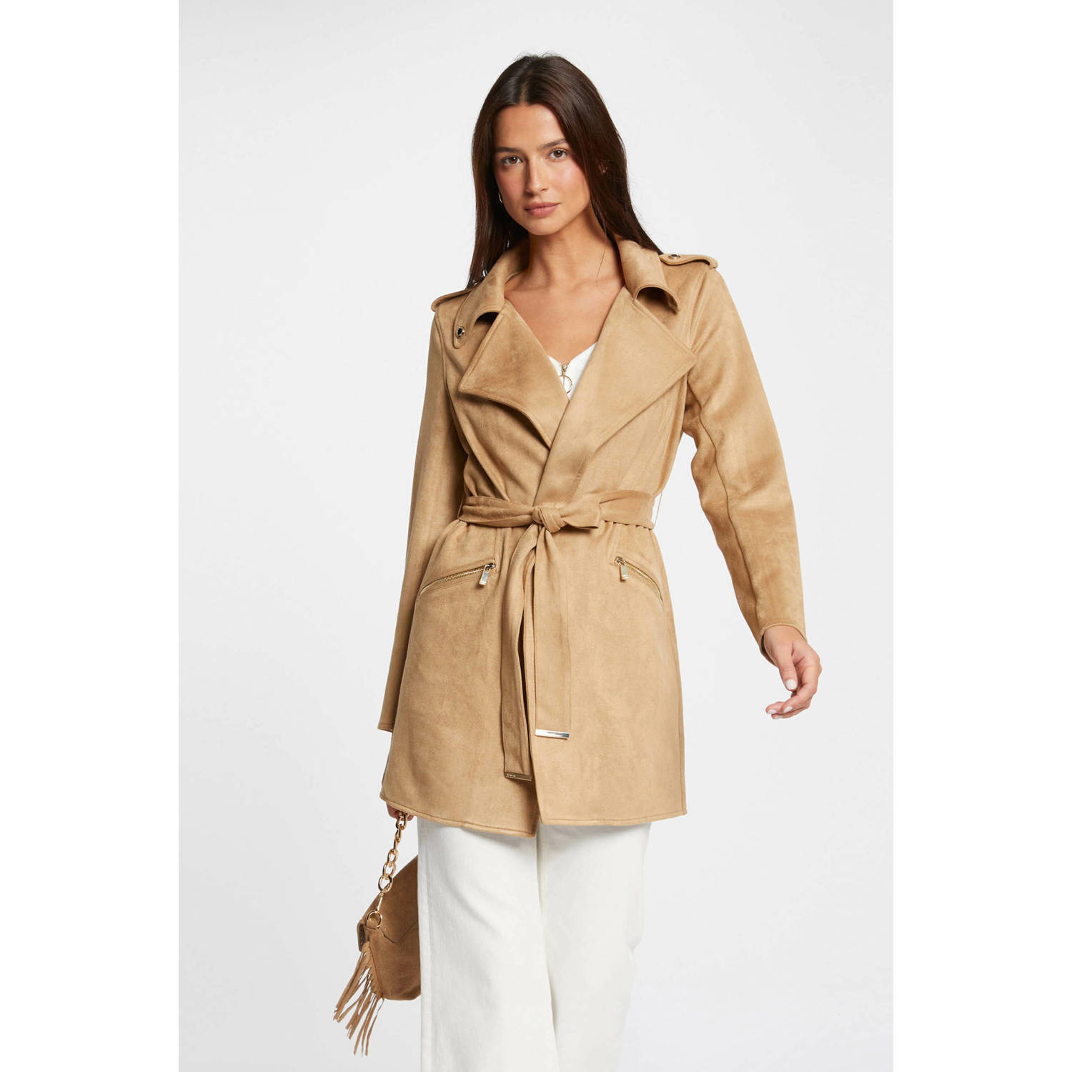 Morgan imitatiesuede jas met ceintuur beige
