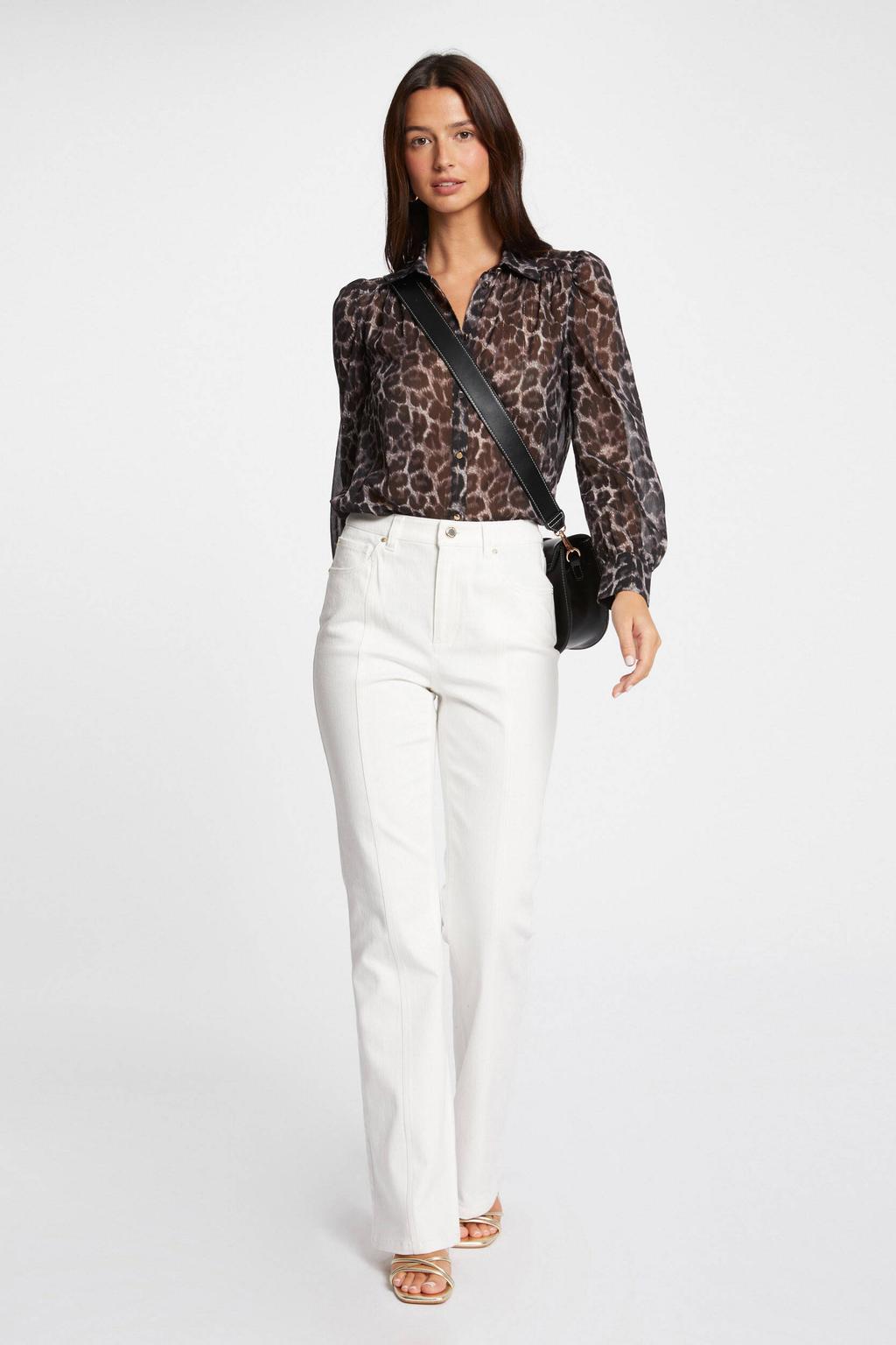 Bruine dames Morgan blouse van polyester met dierenprint, lange mouwen, klassieke kraag en knoopsluiting