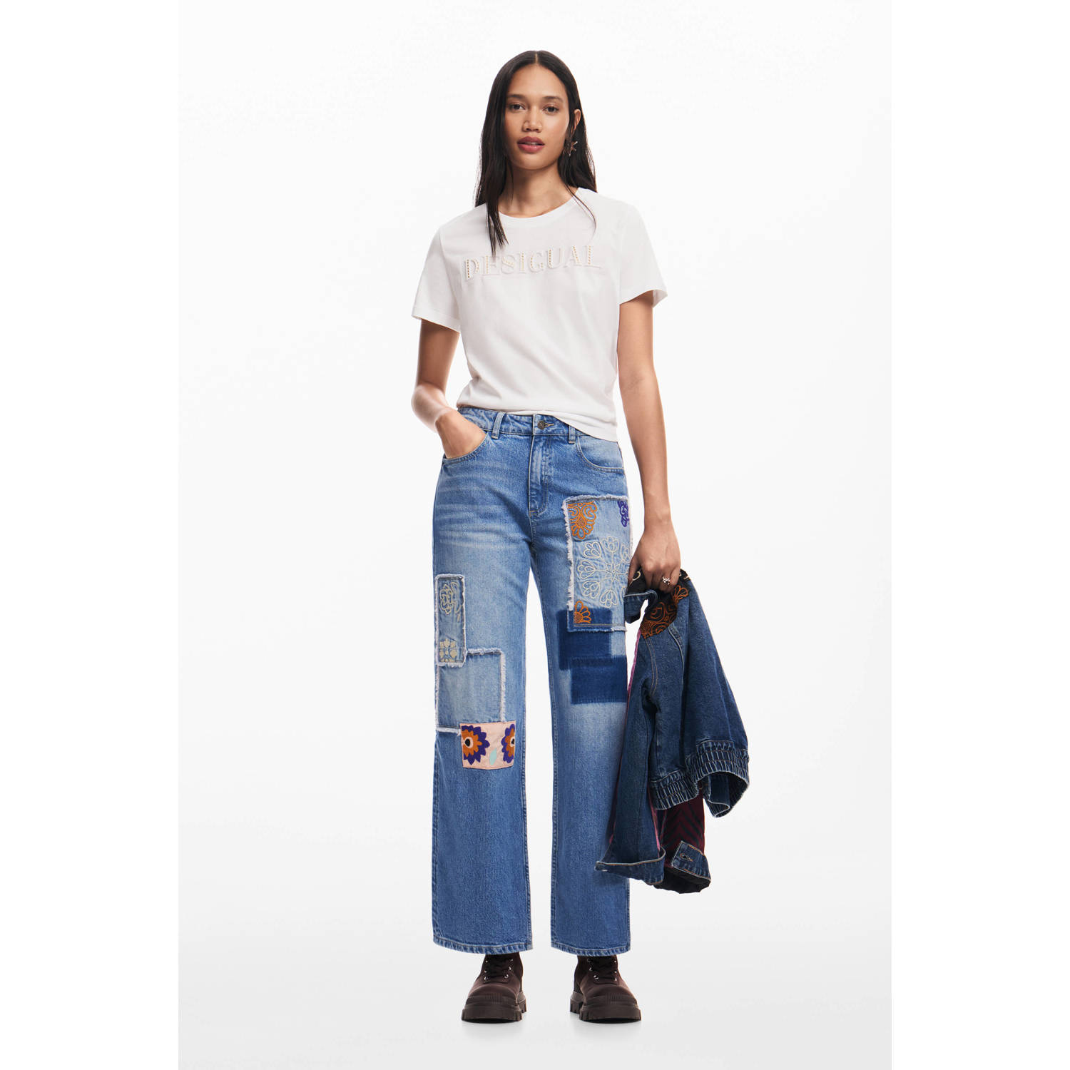 Desigual cropped high waist wide leg jeans light blue denim