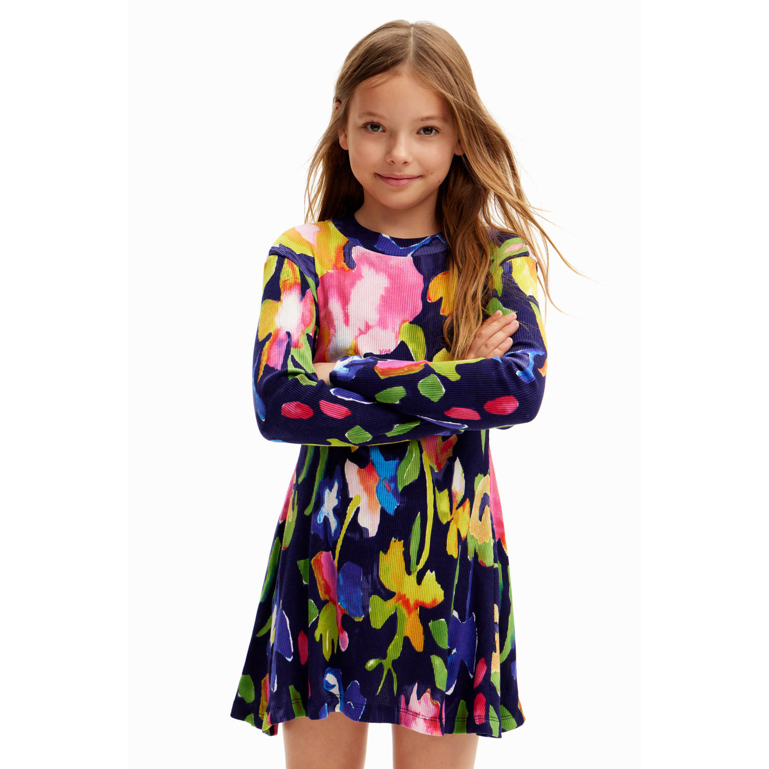 Desigual gebloemde jurk donkerblauw roze geel