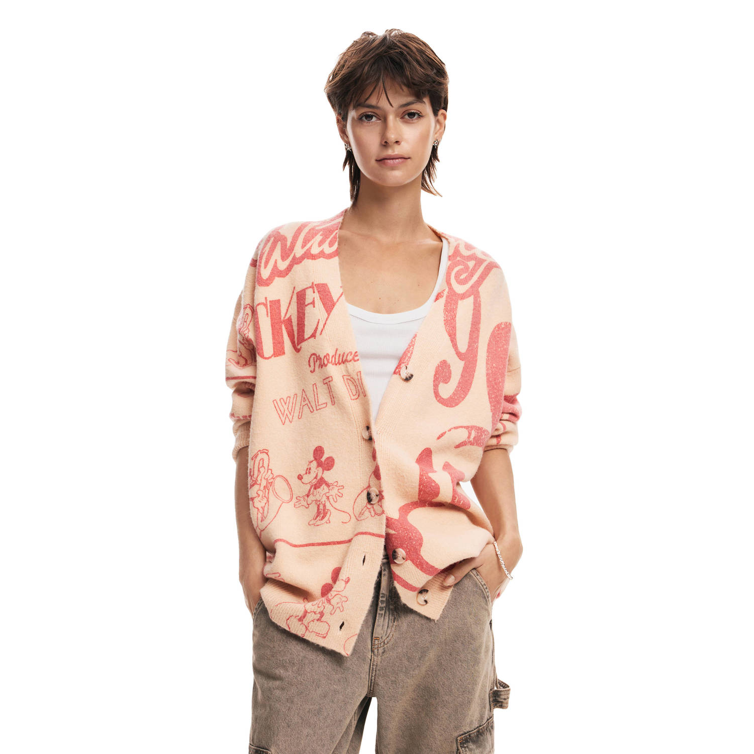 Desigual fijngebreid vest met micky mouse print lichtroze