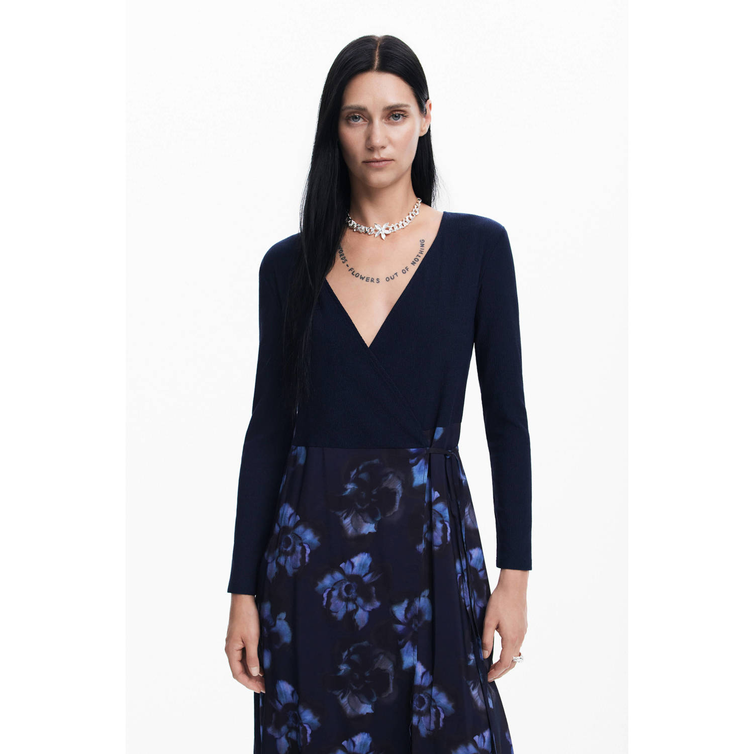 Desigual gebloemde wikkeljurk donkerblauw
