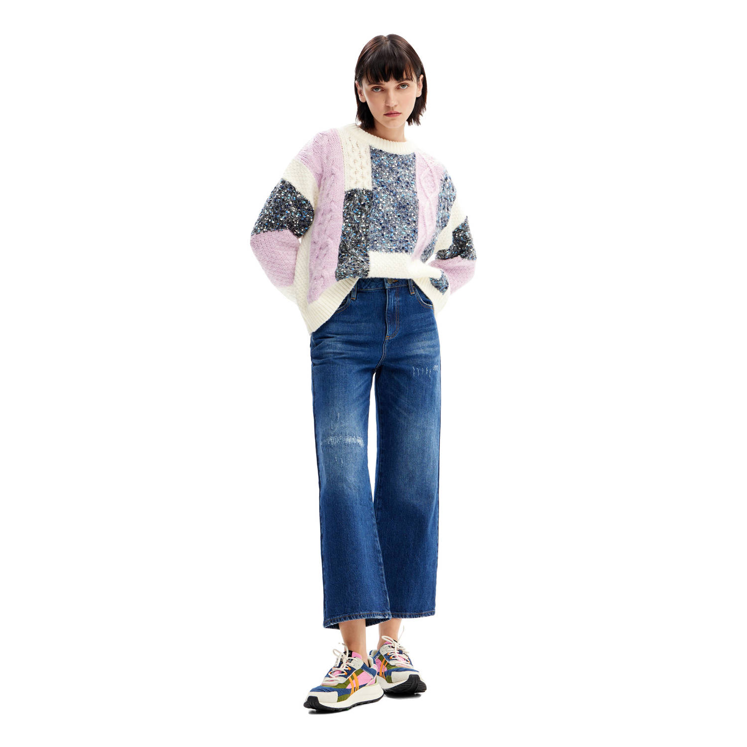 Desigual gebreide trui met glitters ecru lila blauw