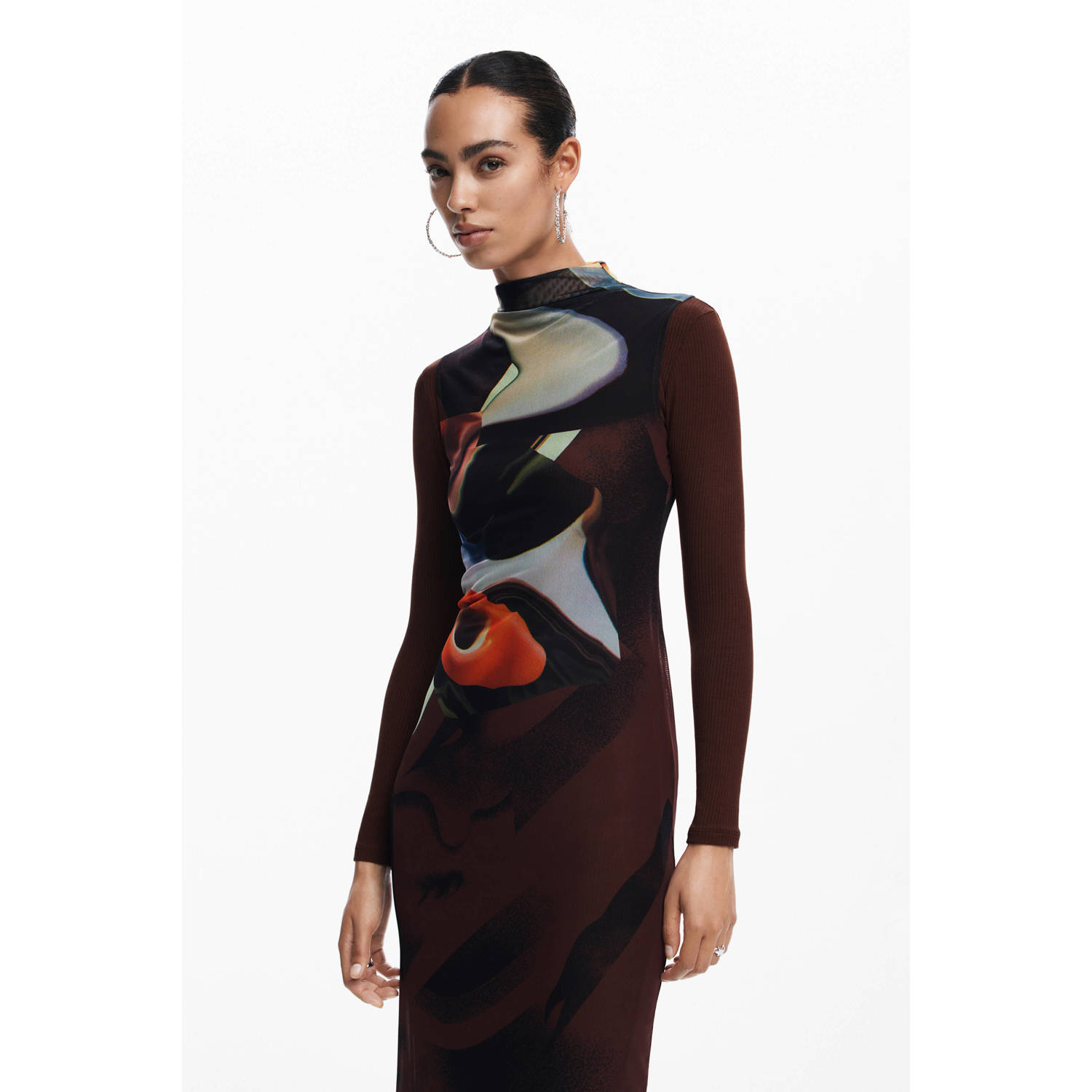 Desigual jurk met all over print en mesh donkerrood multi