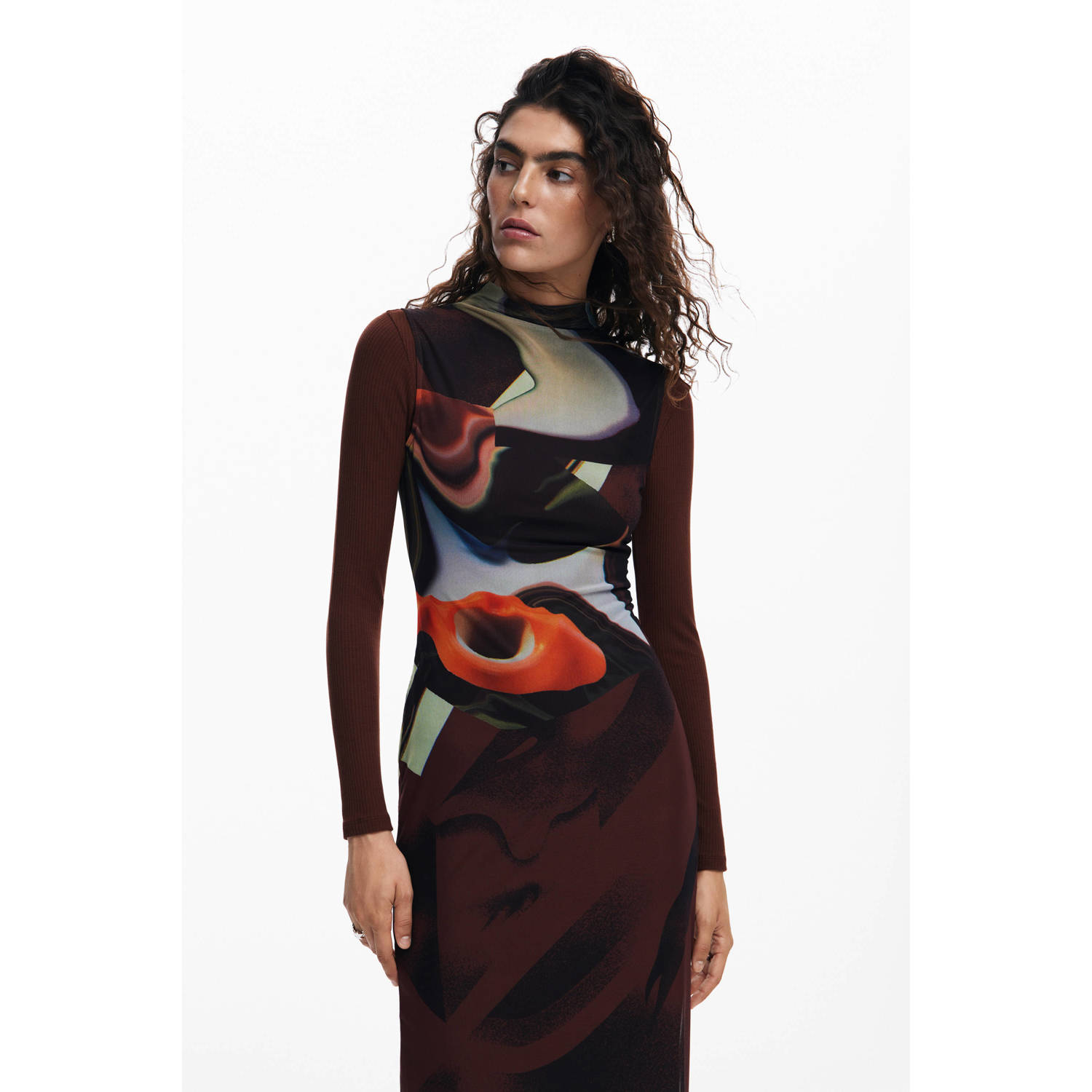 Desigual jurk met all over print en mesh donkerrood multi