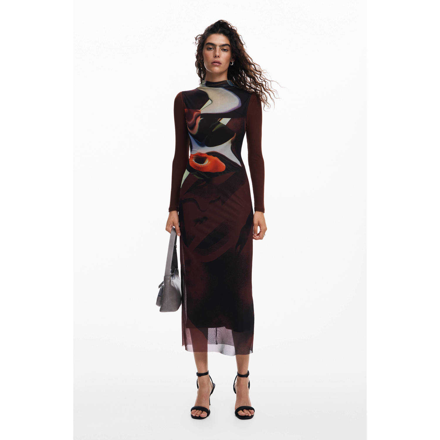 Desigual jurk met all over print en mesh donkerrood multi