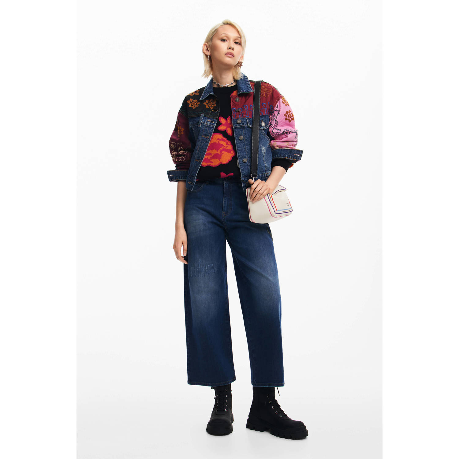 Desigual jasje met all over print medium blue denim multi