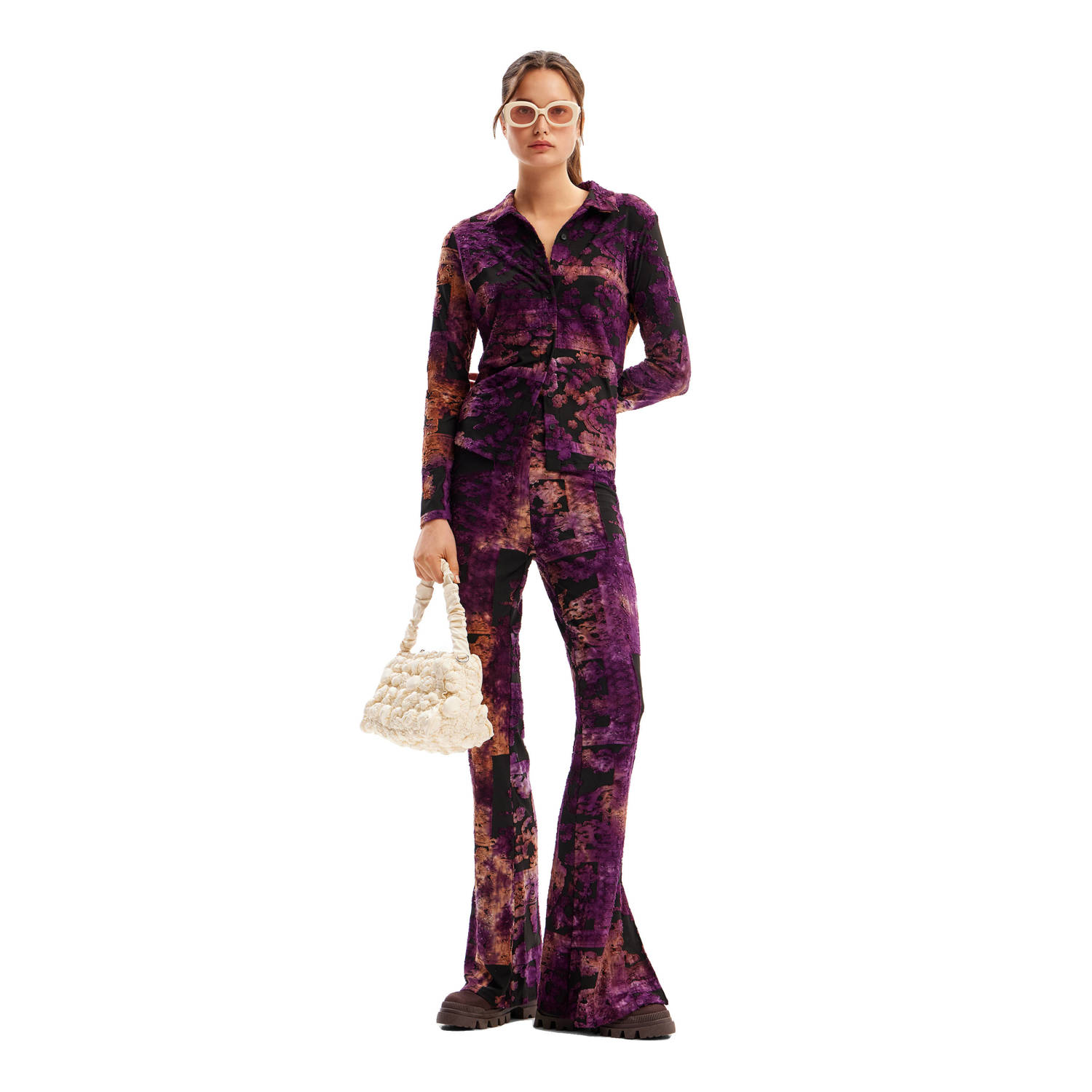 Desigual blouse met all over print donkerpaars oranje zwart