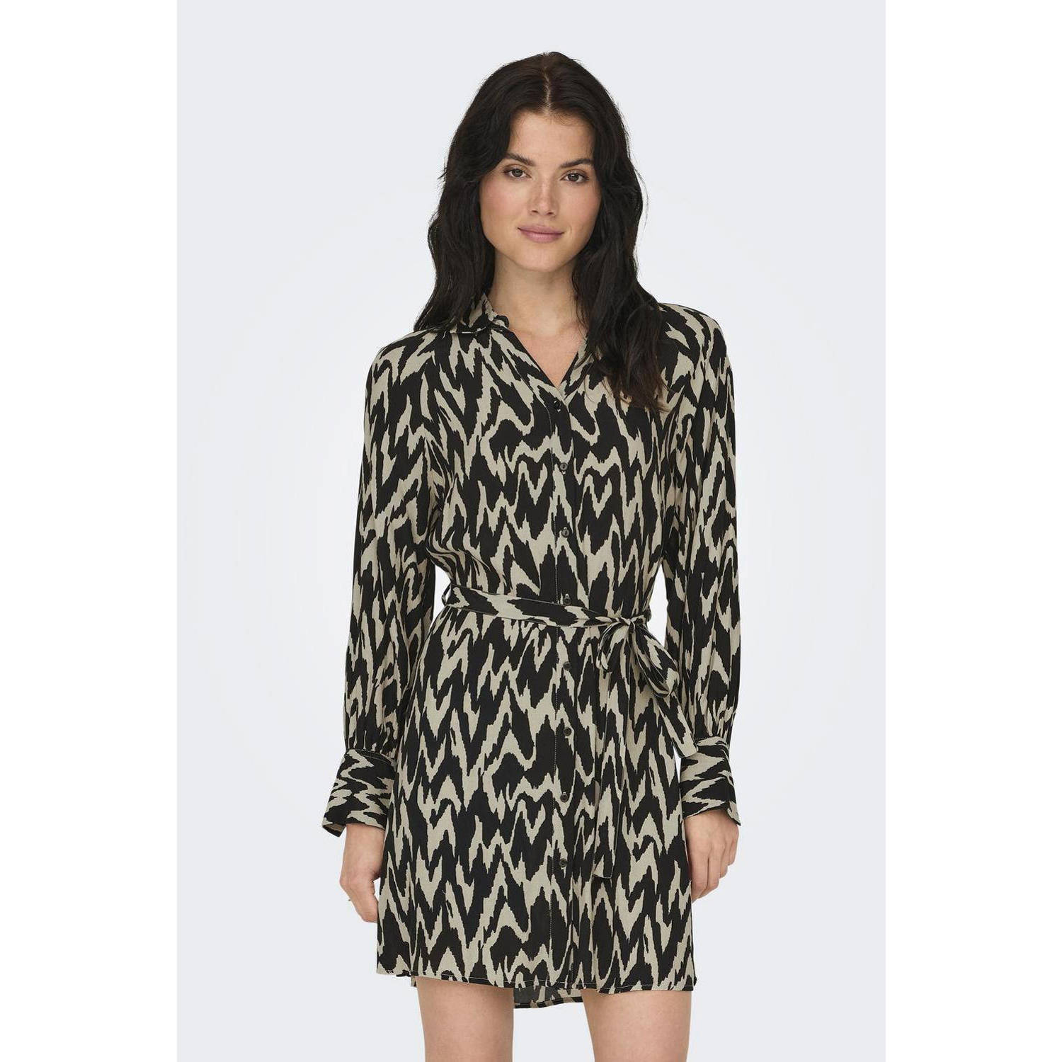 JDY blousejurk MARLOWE met all over print en ceintuur zwart beige