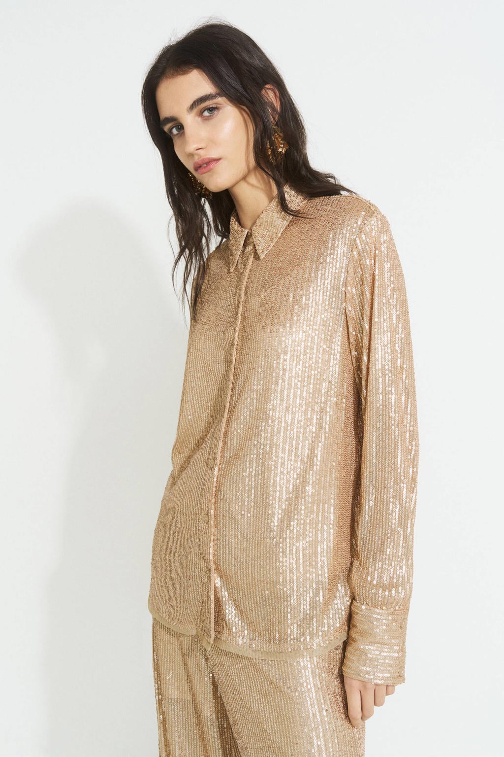 Gouden dames Ruby pailletten blouse van polyester met effen, lange mouwen, klassieke kraag, knoopsluiting en glimmend detail
