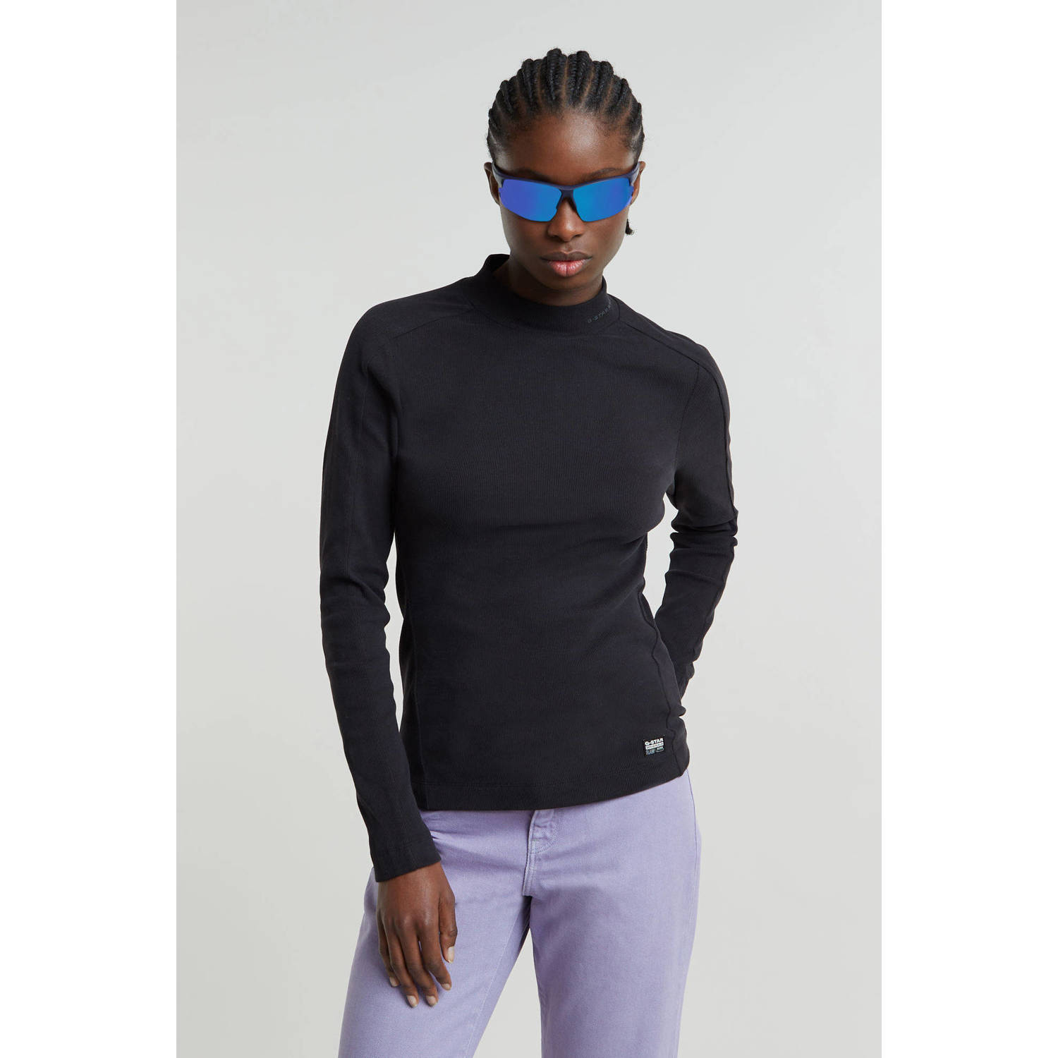 G-Star RAW Longsleeve Rib Mock Top met merkenopdruk op de kraag