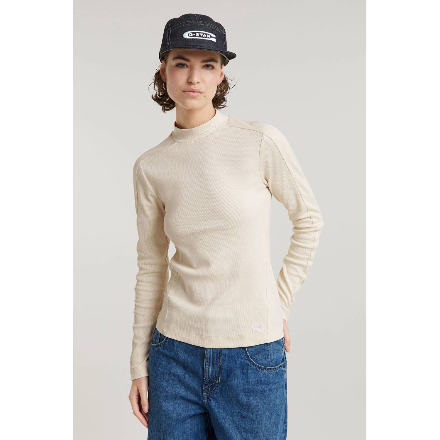 G-Star RAW Longsleeve Rib Mock Top met merkenopdruk op de kraag
