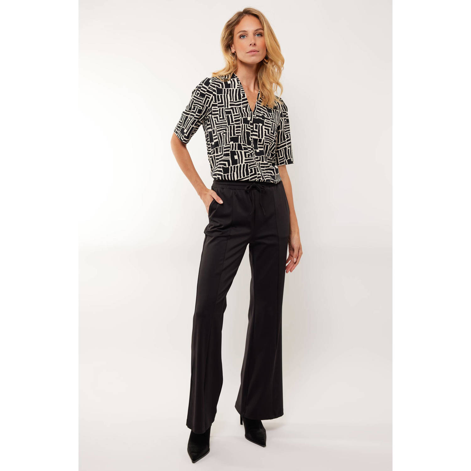 G-maxx high waist wide leg broek Bindi van travelstof zwart
