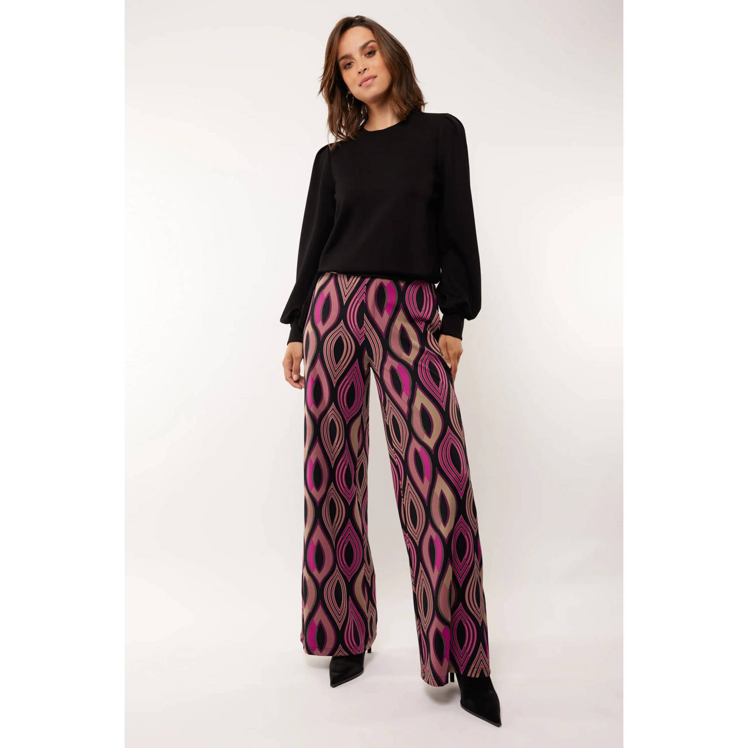 G-maxx wide leg broek met grafsiche print zwart roze