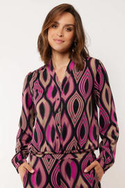 thumbnail: Multi, zwart en fuchsia dames G-maxx blouse Else print van polyamide met grafische print, lange mouwen, V-hals en knoopsluiting