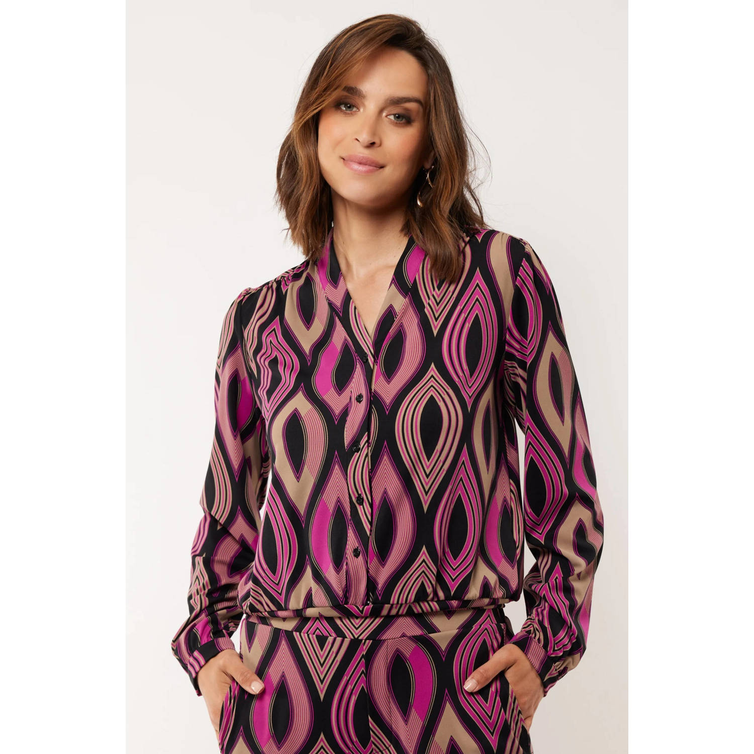 G-maxx blouse Else met grafische print zwart fuchsia