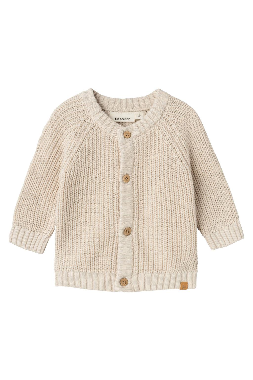 Zandkleurige jongens LIL' ATELIER BABY baby gebreid vest van katoen met effen, lange mouwen, ronde hals en knoopsluiting