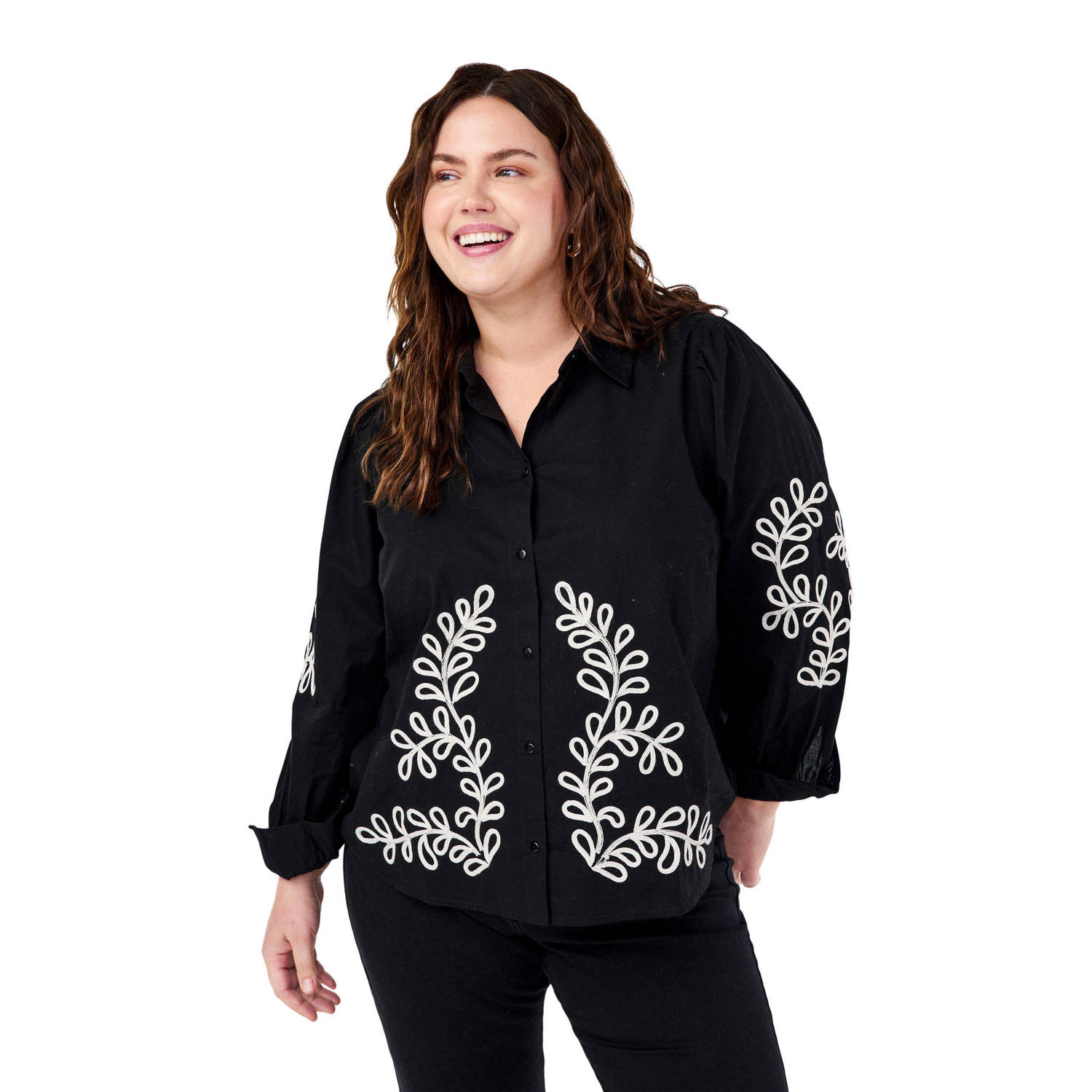 Zizzi blouse MFLORA met borduursels zwart