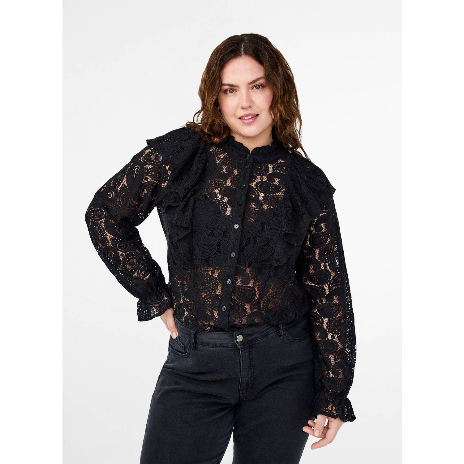 Zizzi kanten blouse met ruches zwart