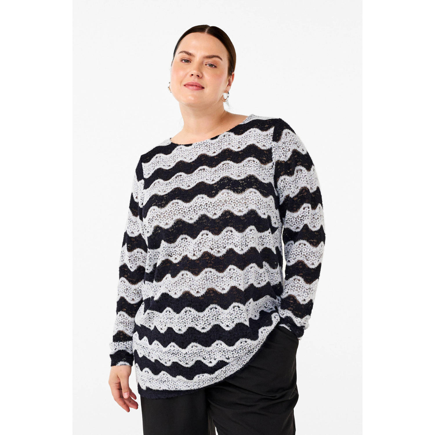 Zizzi gehaakte top met zigzag print zwart grijs