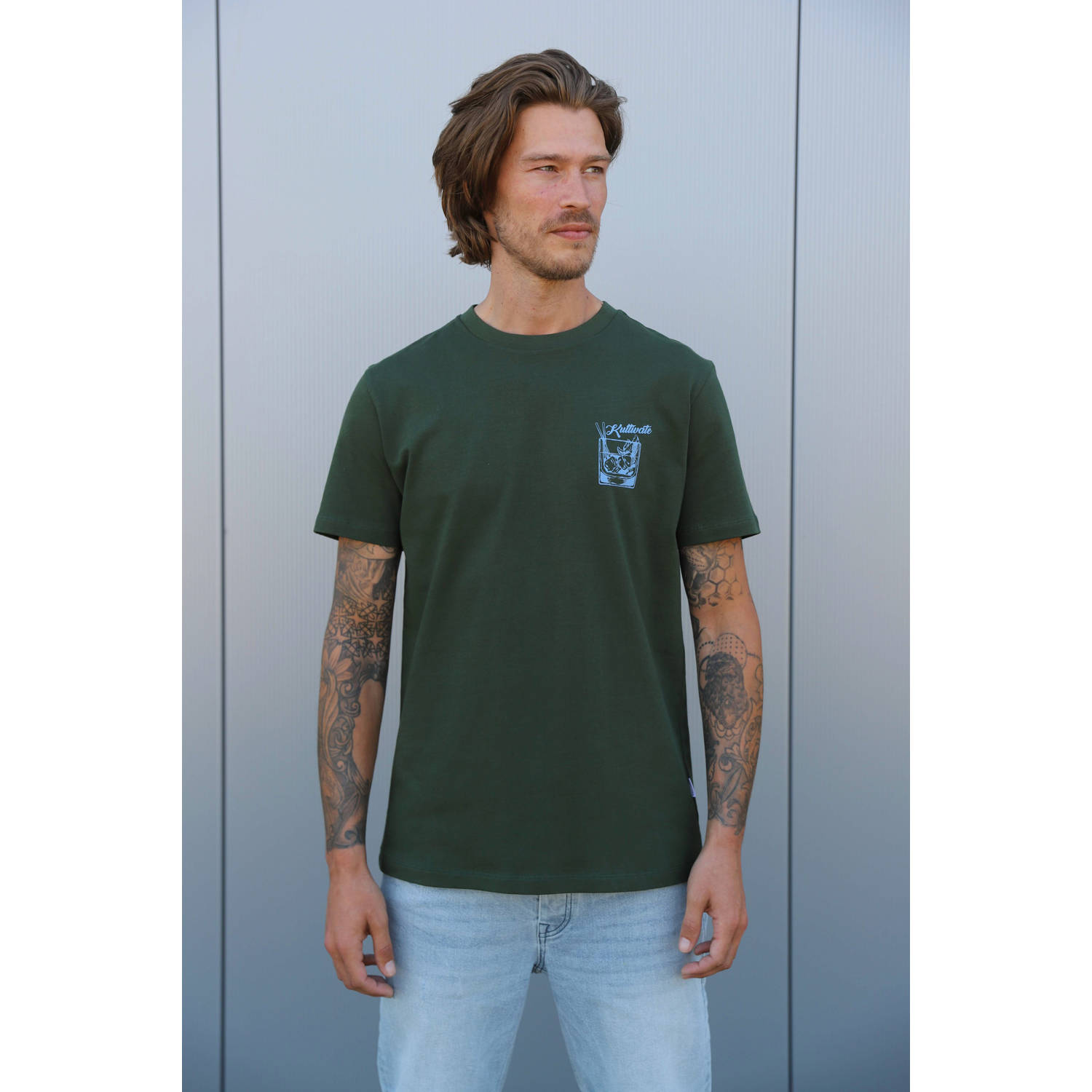 Kultivate T-shirt CHEERS met backprint kombu green