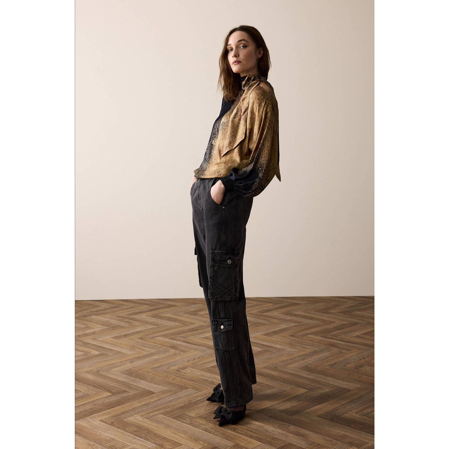 Summum blouse met bladprint camel